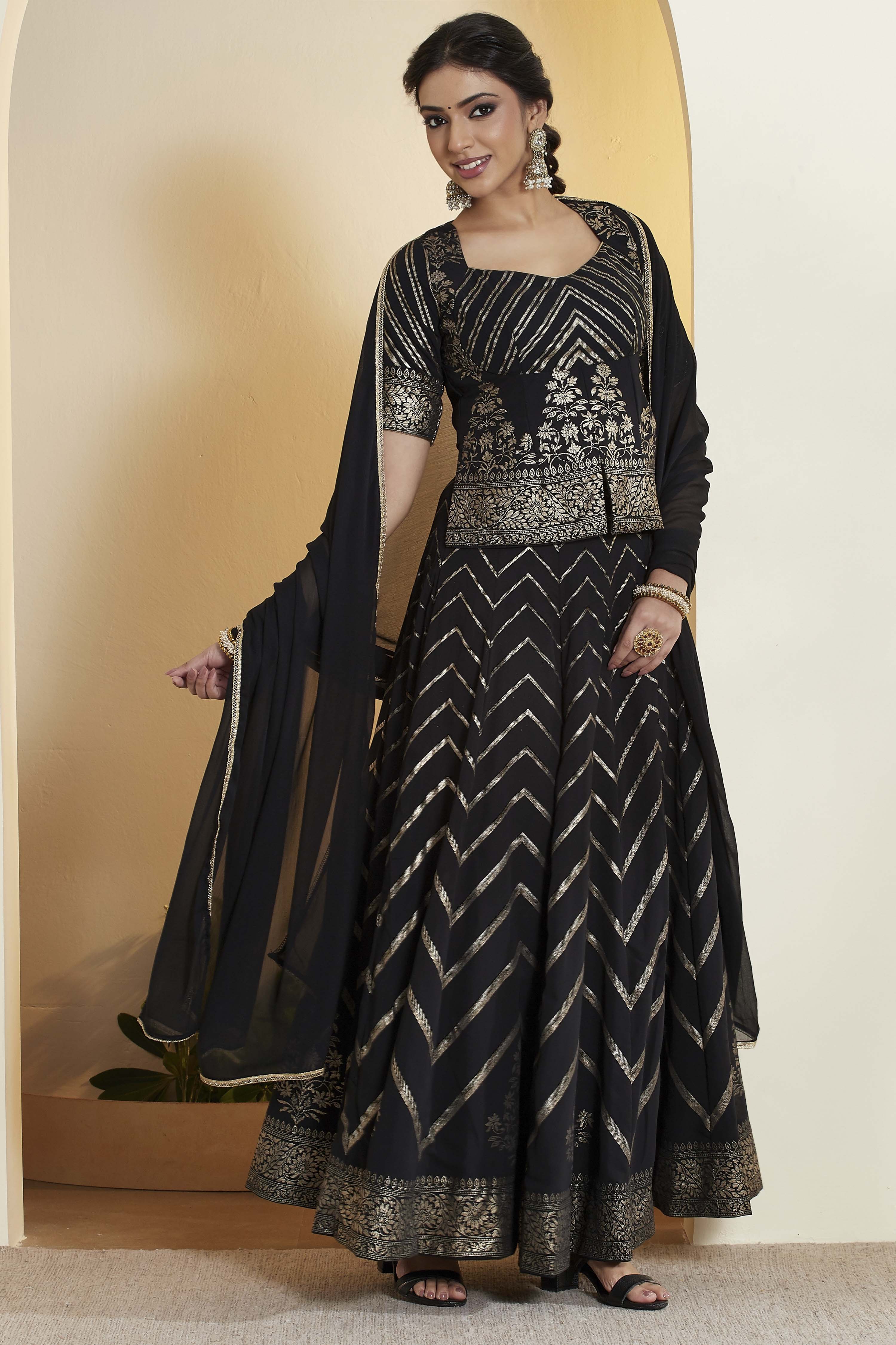 Black Polyester Kalidar Lehenga Set image number 5