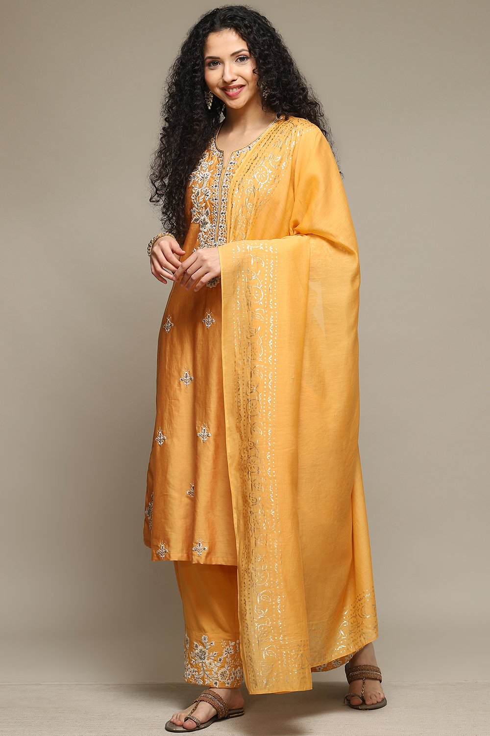 Ochre Cotton Blend A-Line Kurta Palazzo Suit Set image number 5