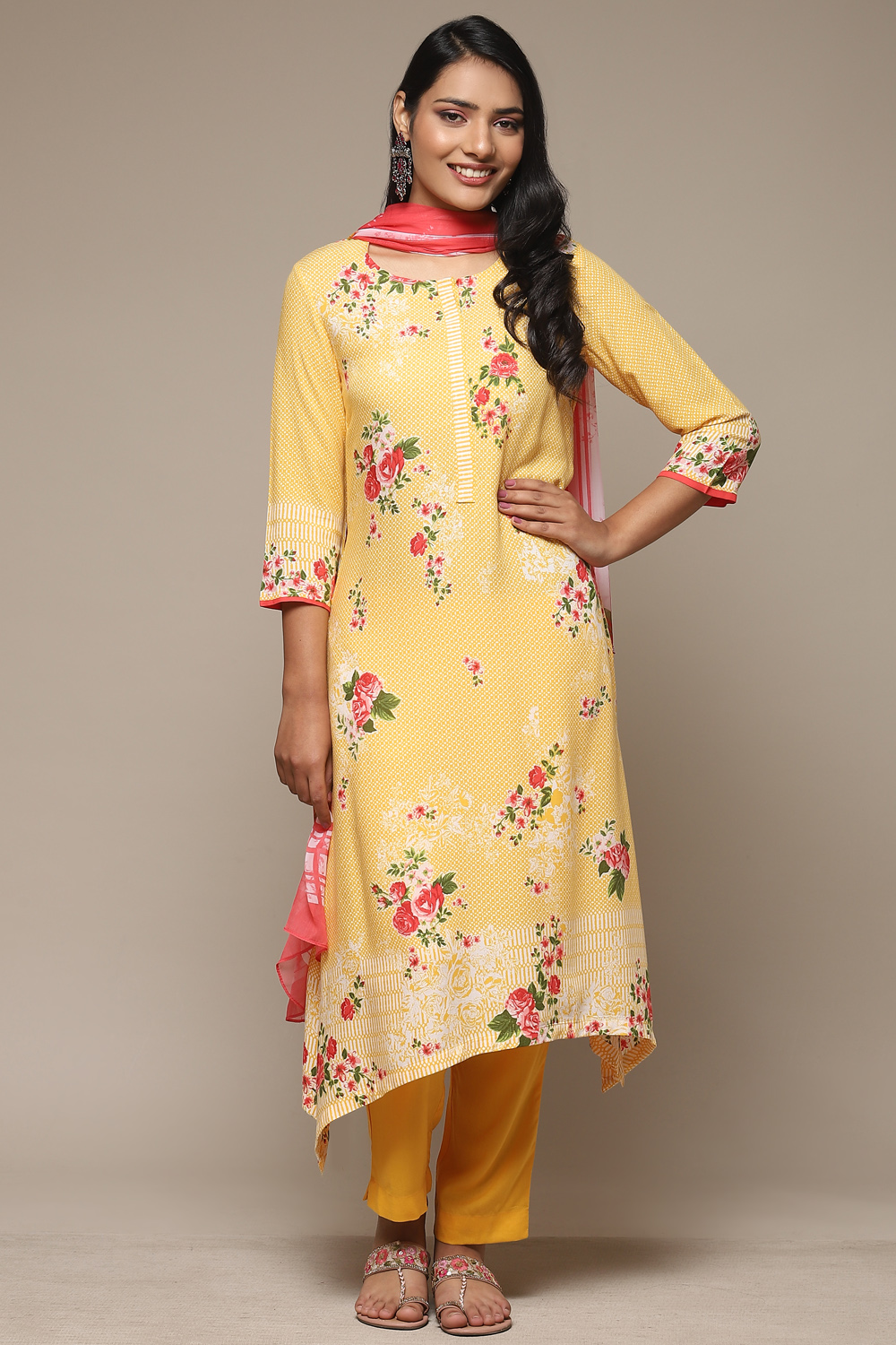 Yellow Viscose A-Line Kurta Pants Suit Set image number 7