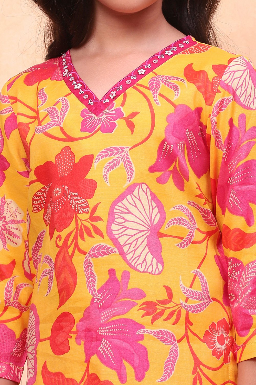 Yellow and Pink Viscose Blend Floral Straight Suit Set image number 1
