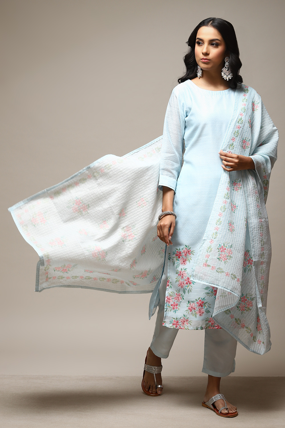 Blue Linen Digital Print Unstitched Suit Set image number 1