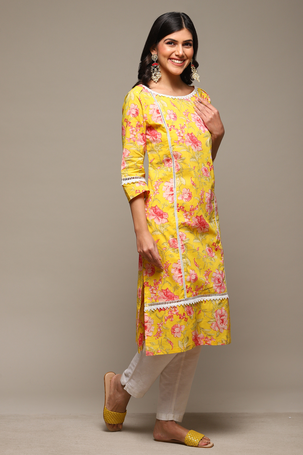 Yellow Cotton Straight Printed Kurta