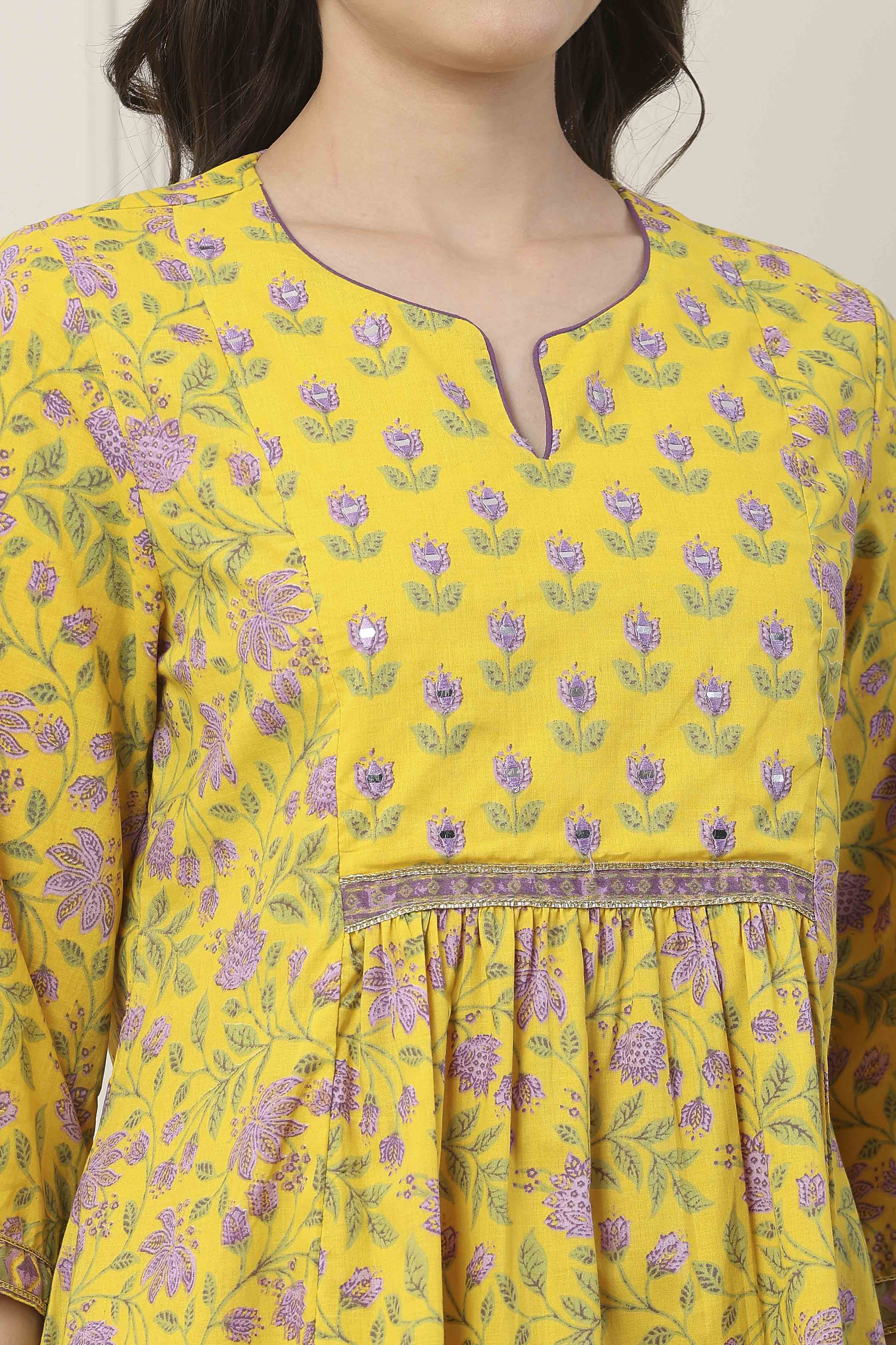 Yellow Cotton Kalidar Suit Set image number 2