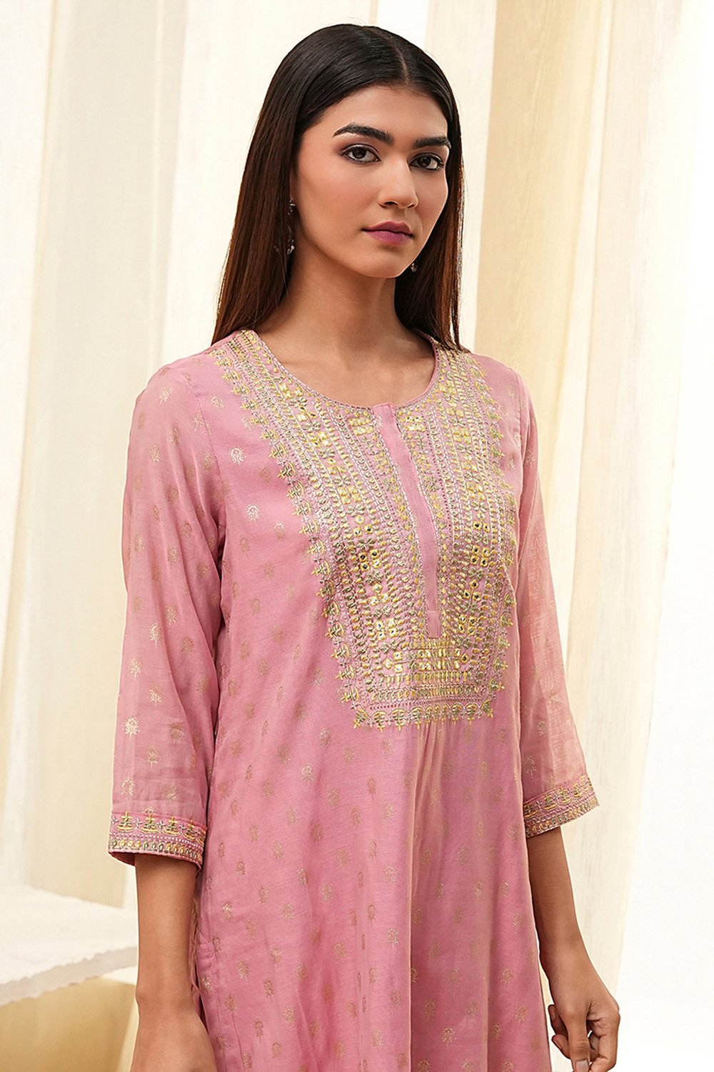 Dull Pink Embroidered Straight Suit Set image number 1
