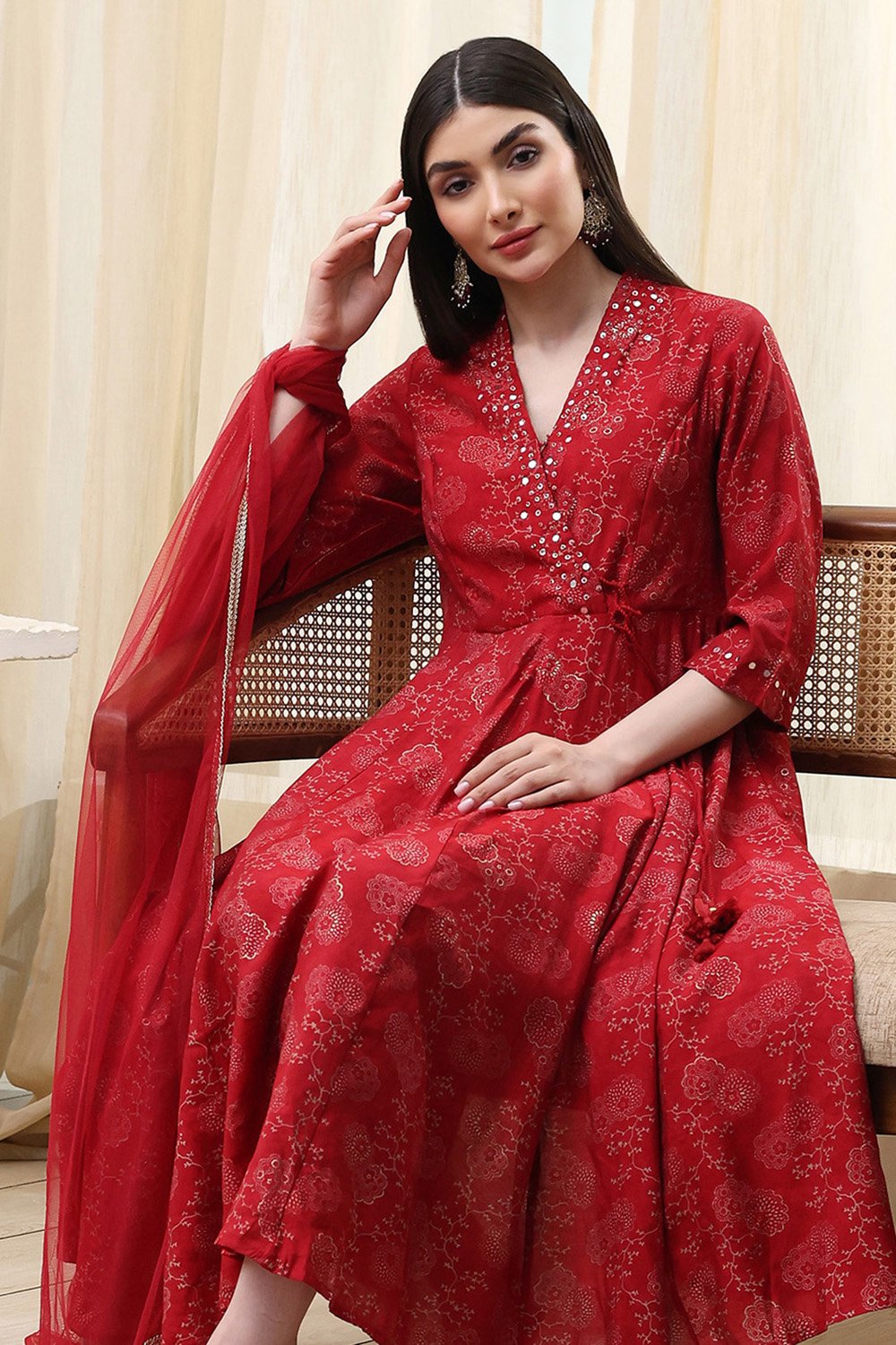 Navy Blue Printed Angrakha Style Anarkali Suit Set image number 7