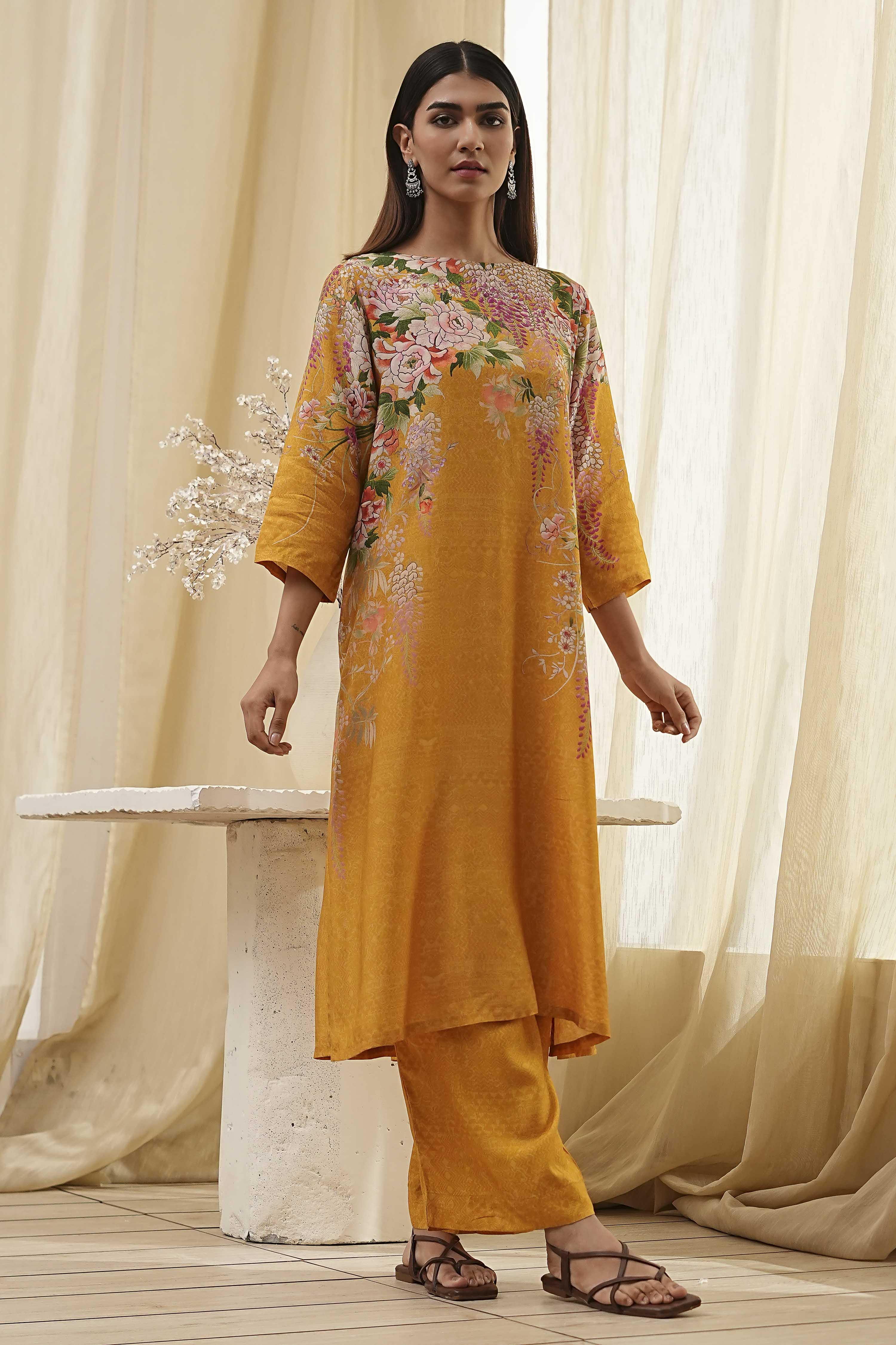 Mustard Yellow Floral Straight Kurta Set image number 0