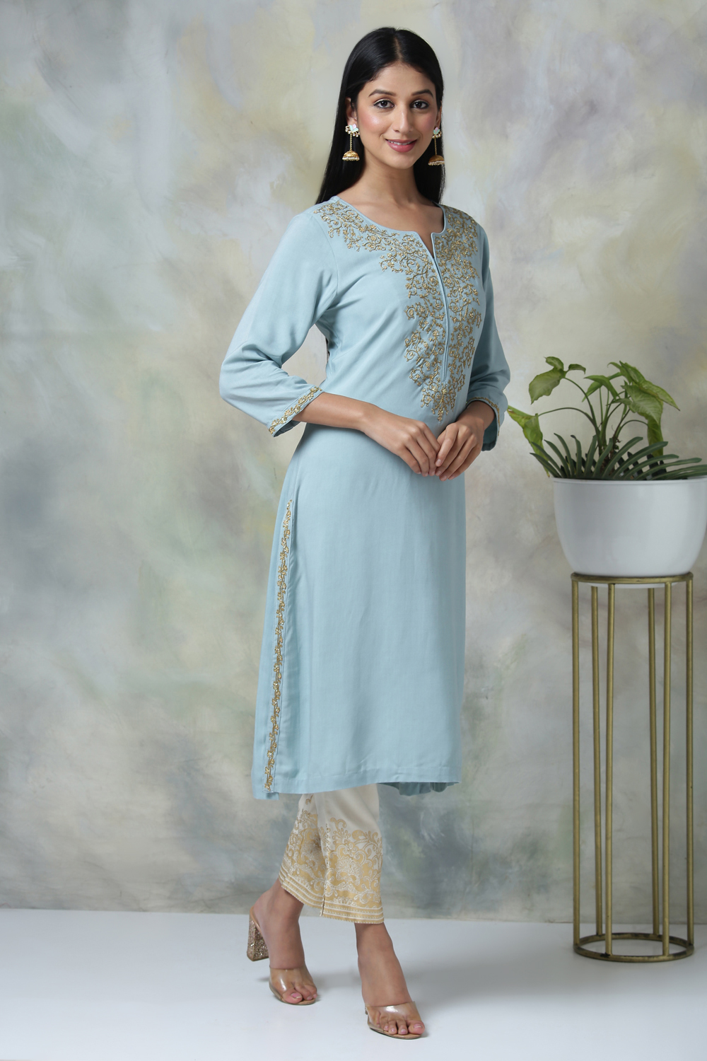 Powder Blue Rayon Kurta Pants Set image number 2