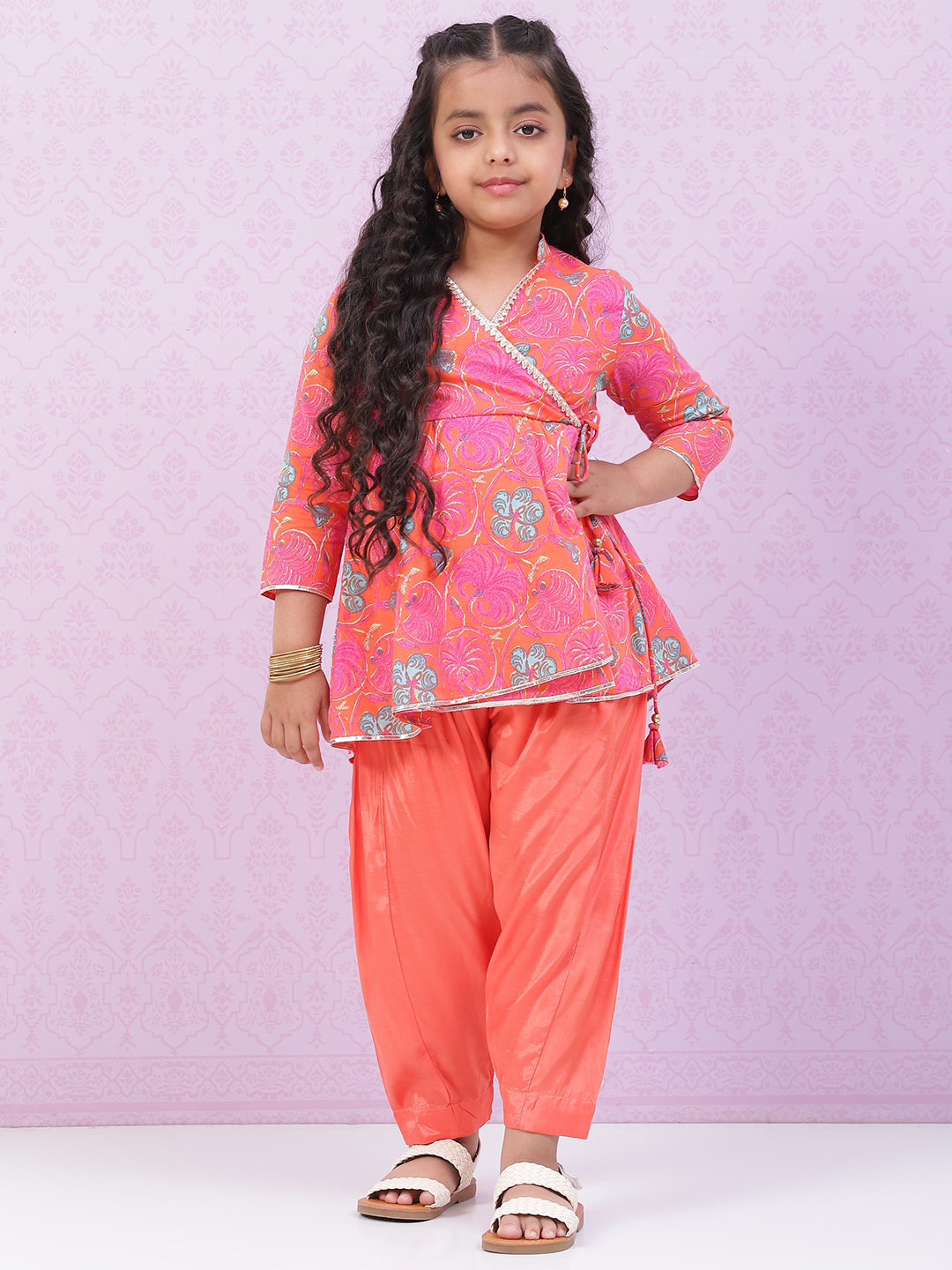 Orange Cotton Flared Printed Kurta Set image number 0