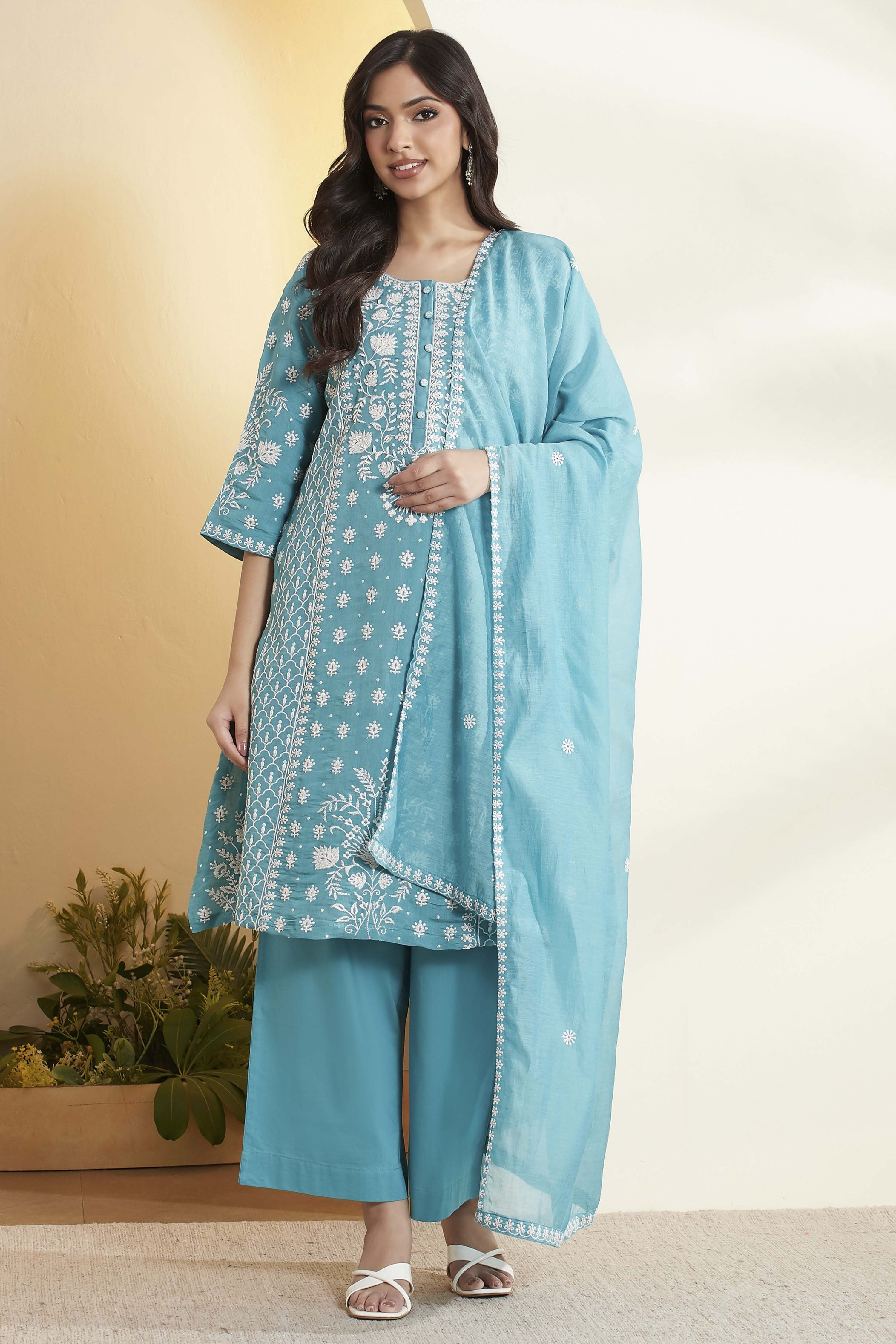 Teal Blue Viscose Blend Embroidered Straight Kurta Set image number 7