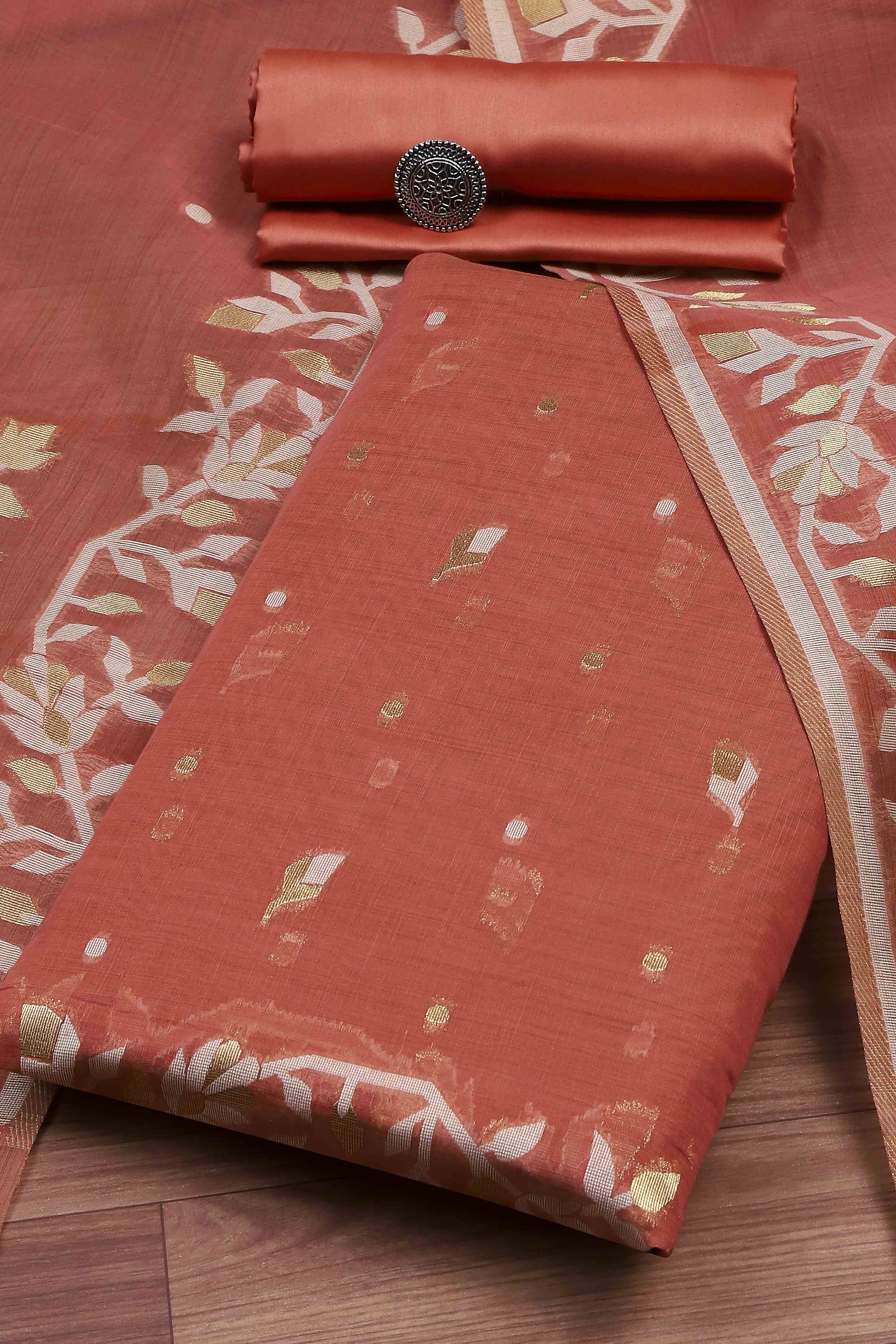 Green Cotton Jamdani Unstitched Suit Set image number 0