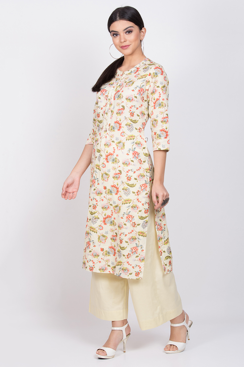 Cream Cotton Linen Kurta Pants Set image number 2