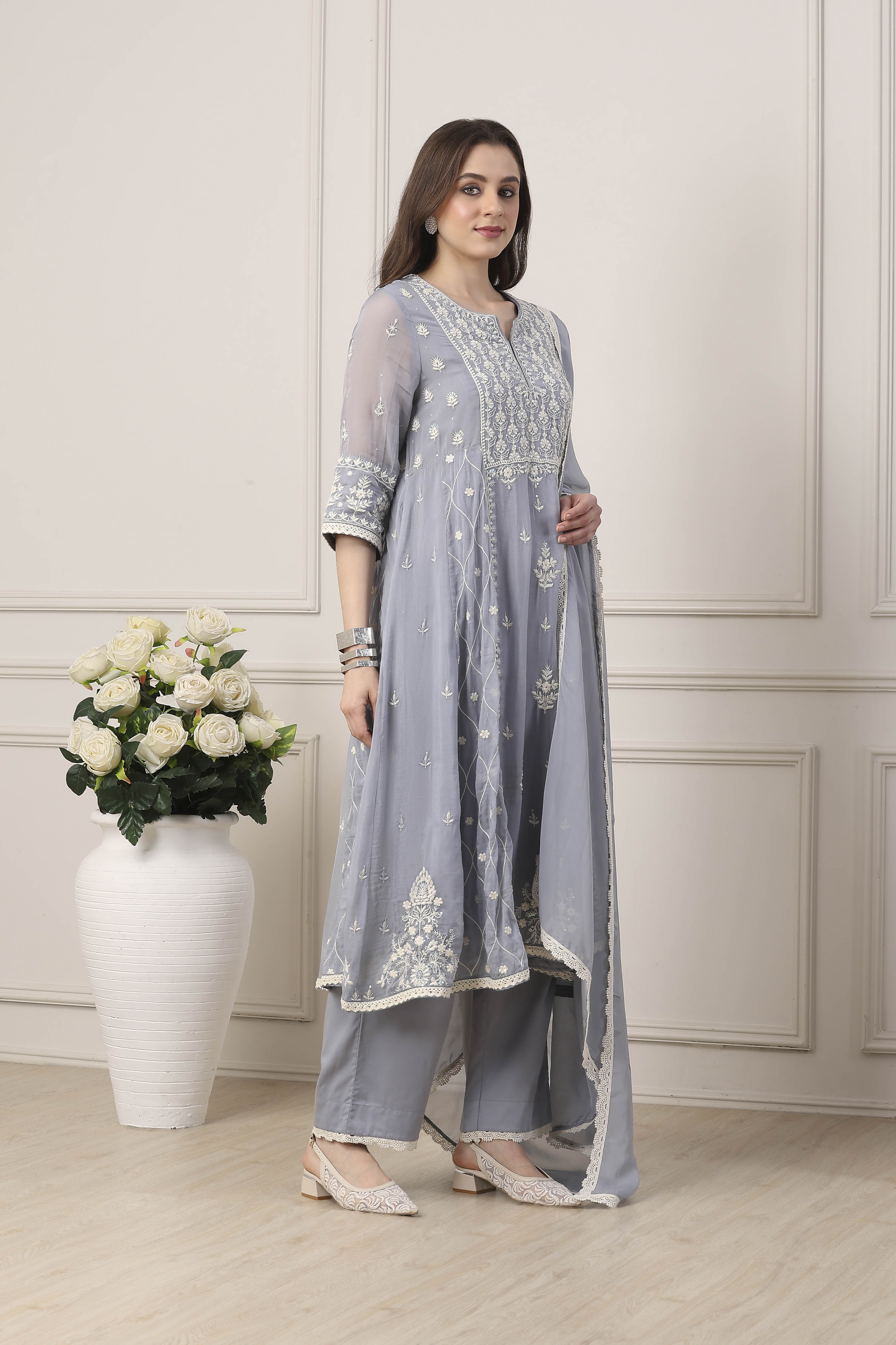 Blue Viscose Organza Floral Embroidered Kalidar Suit Set image number 5