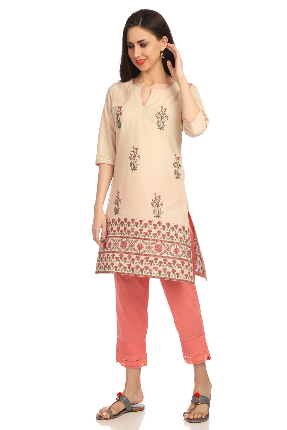 Cream Straight Cotton Printed Kurta image number 2