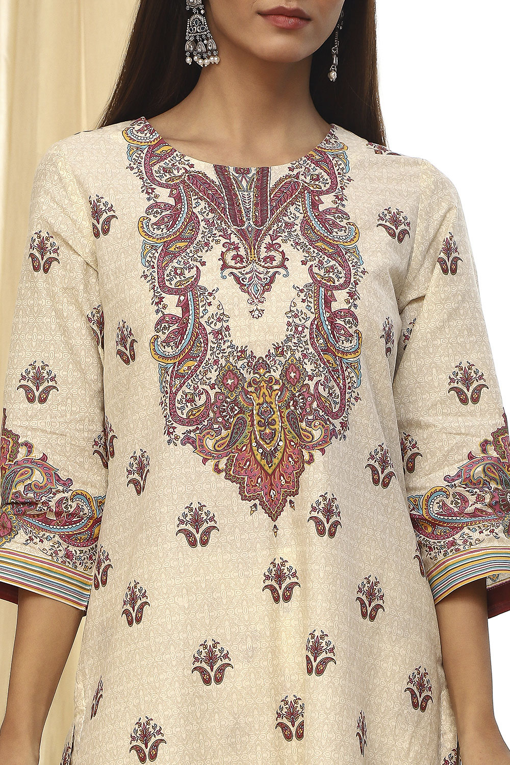 Beige Pure Cotton Printed Straight Suit Set image number 1