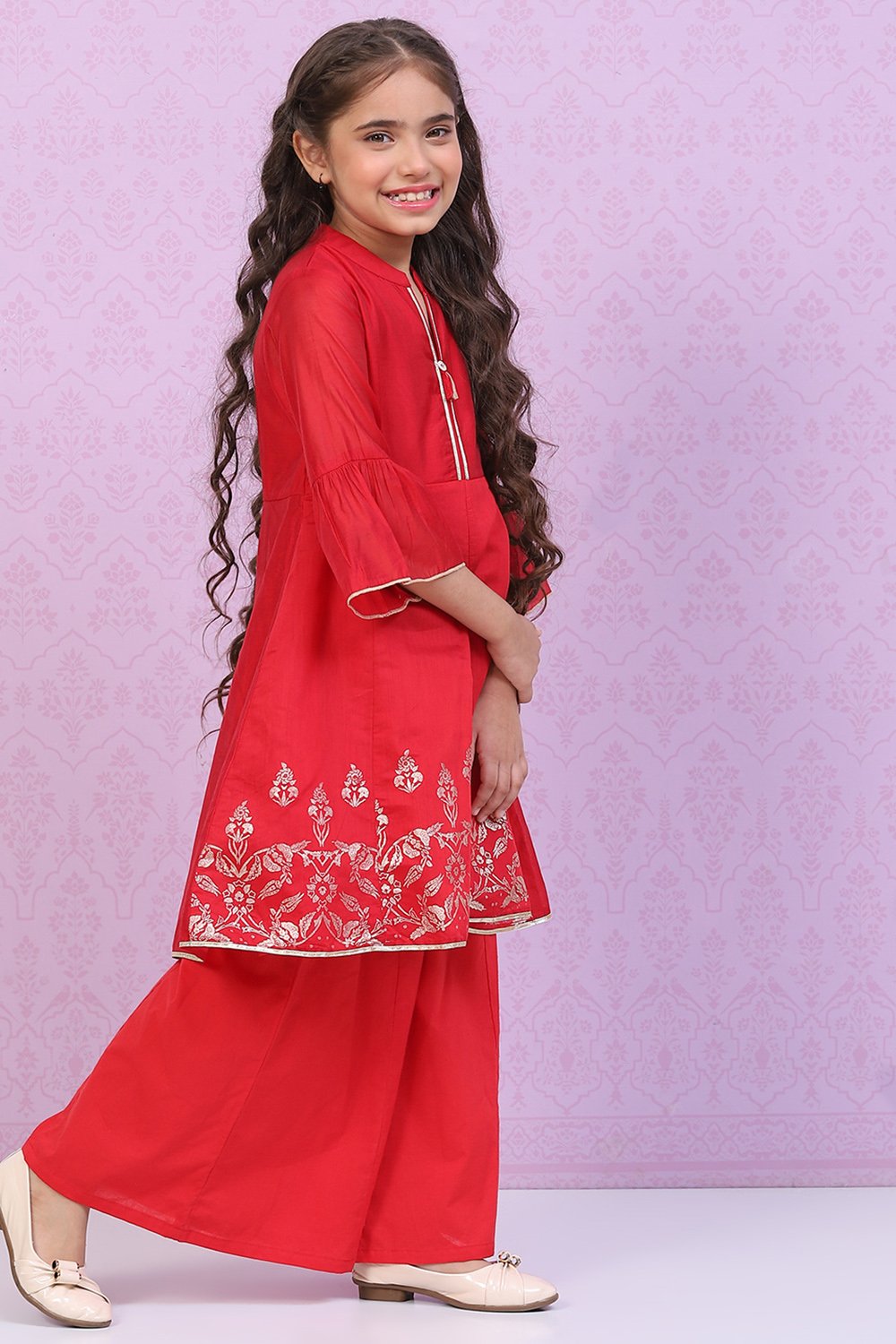Red Art Silk Kalidar Printed Kurta Set image number 5