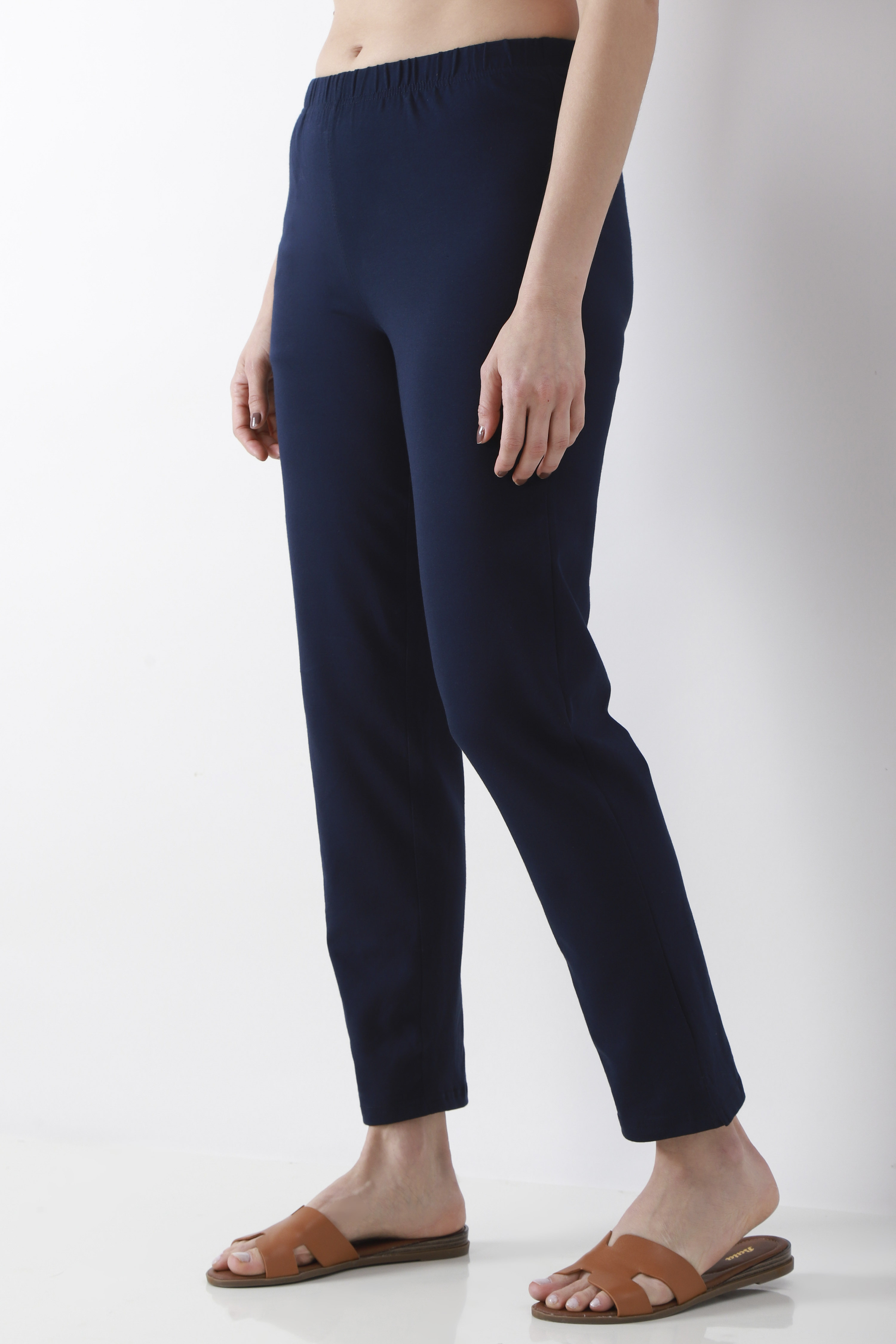 Blue Cotton Lycra Straight Pants image number 2