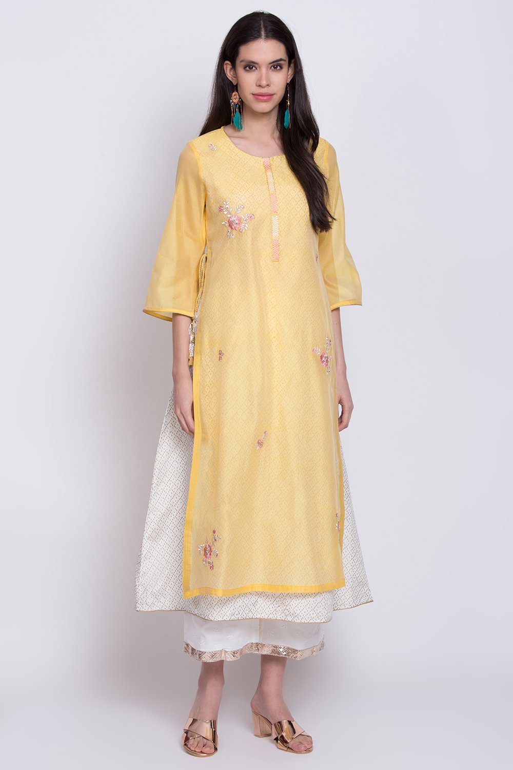 Yellow Poly Cotton Flared Yarndyed Kurta image number 0