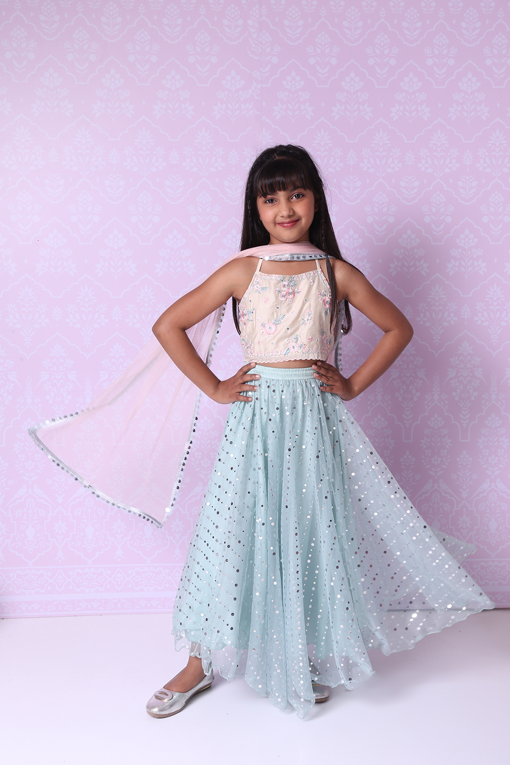 Cream And Turquoise Poly Cotton Lehenga Set image number 4