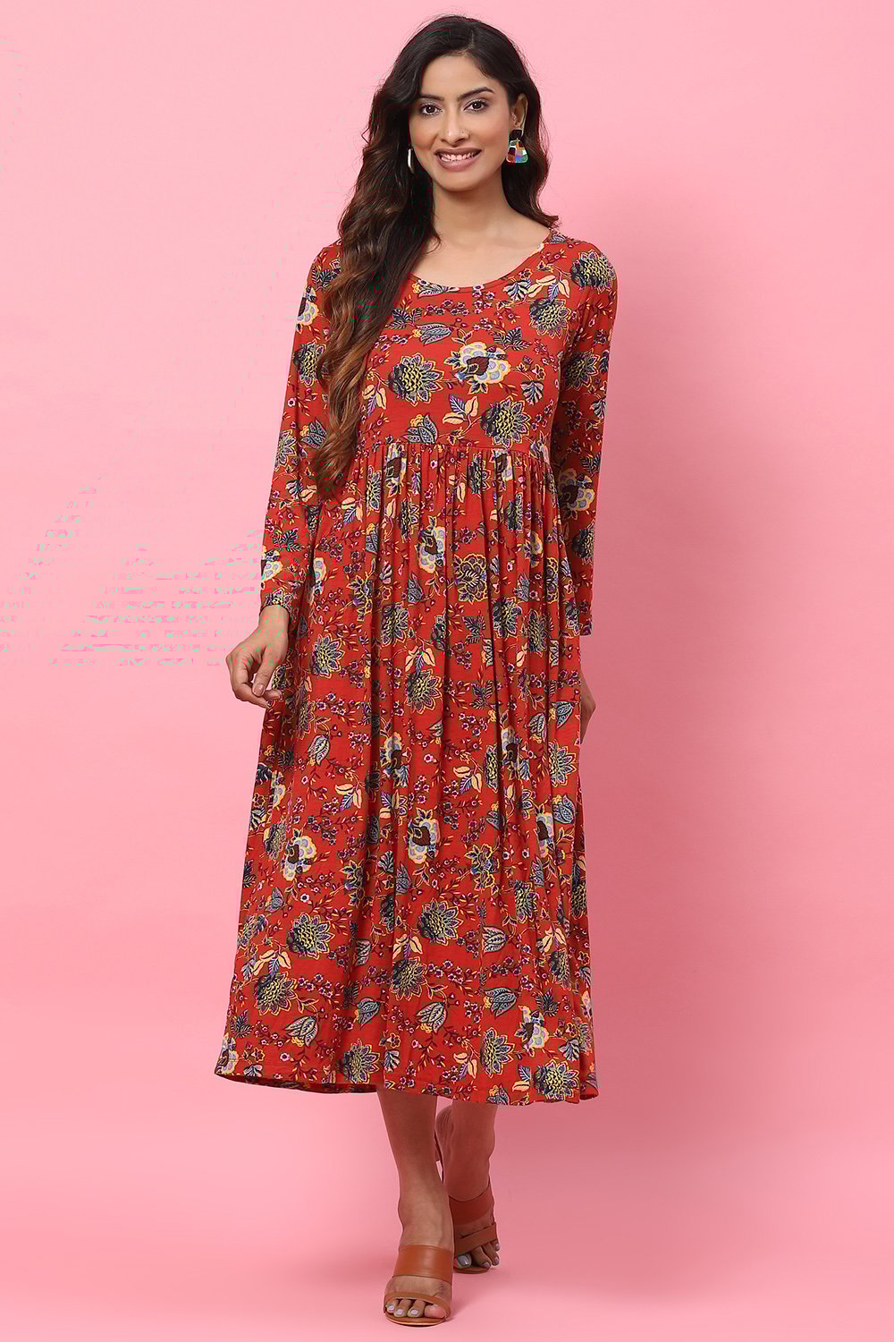 Red LIVA Flared Fusion Dress image number 0