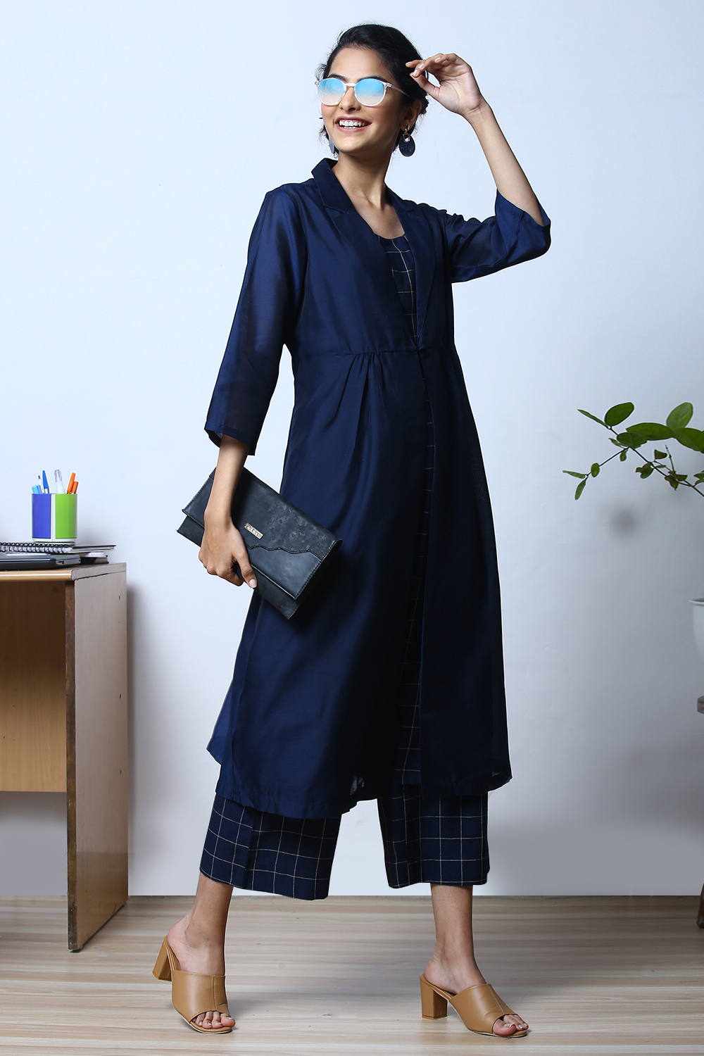 Navy Cotton Straight Kurta Palazzo Suit Set image number 0