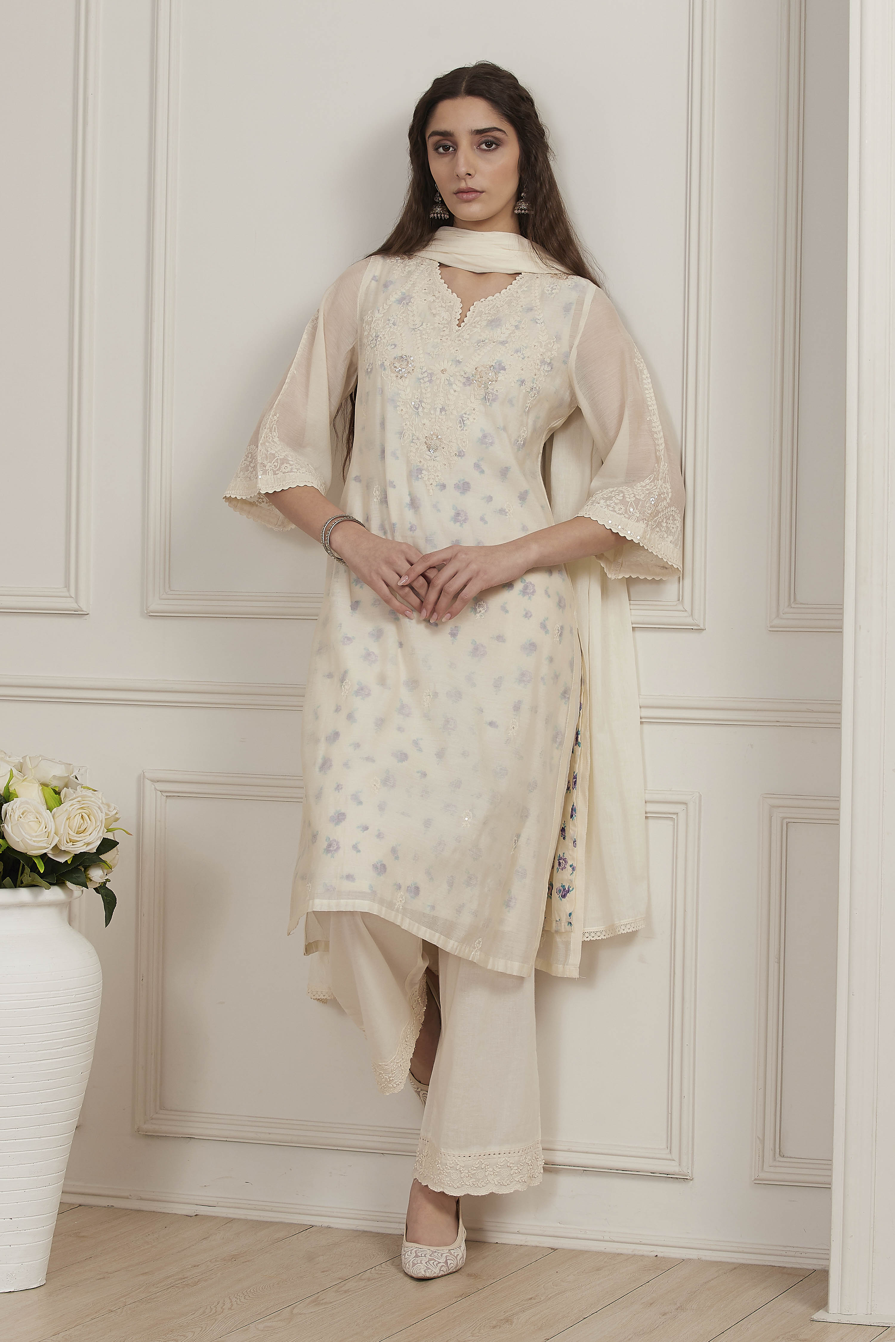 White Poly Chanderi Straight Suit Set image number 0