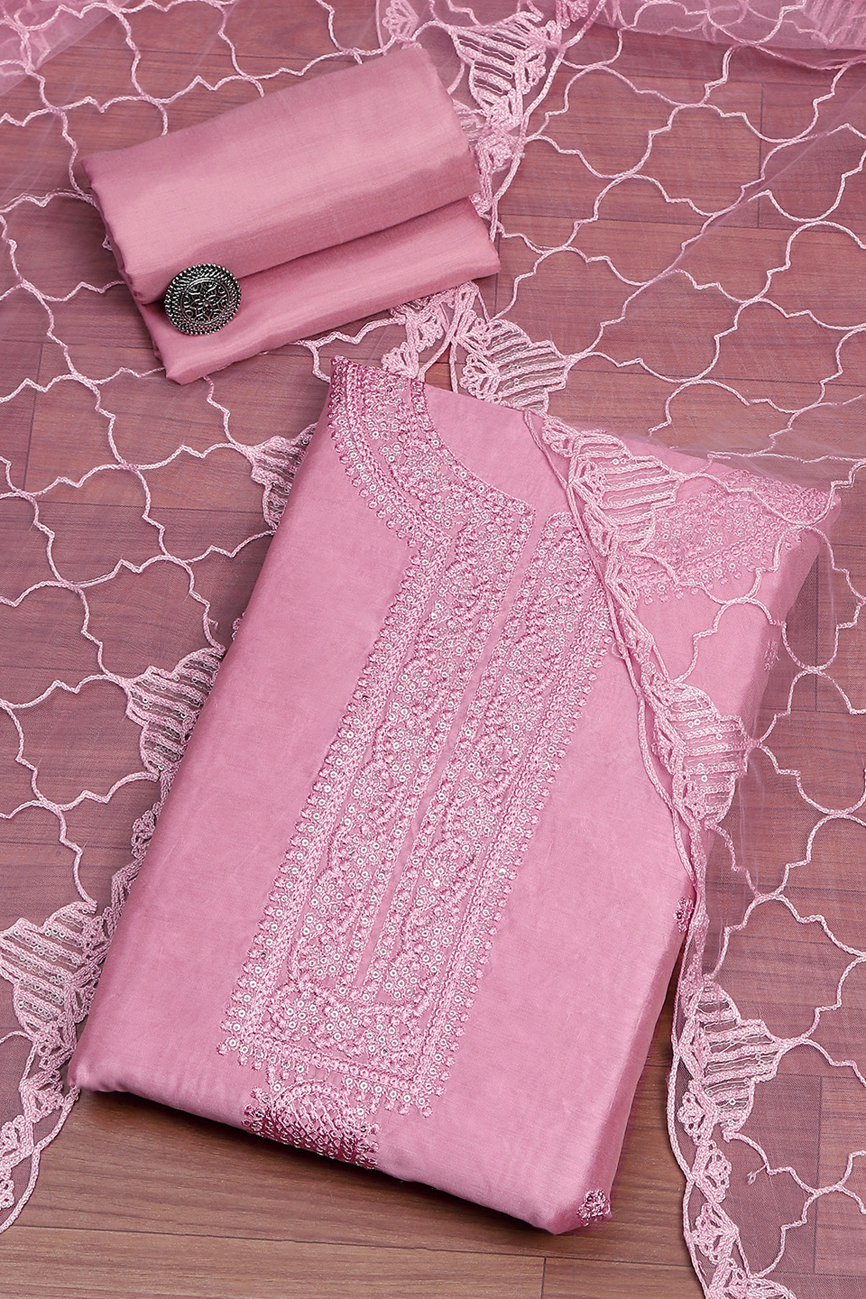 Peach Chanderi  Embroidered Unstitched Suit Set image number 0