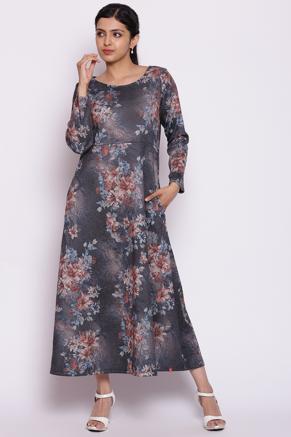 Dark Grey Floral Winter Printed Dress image number 0