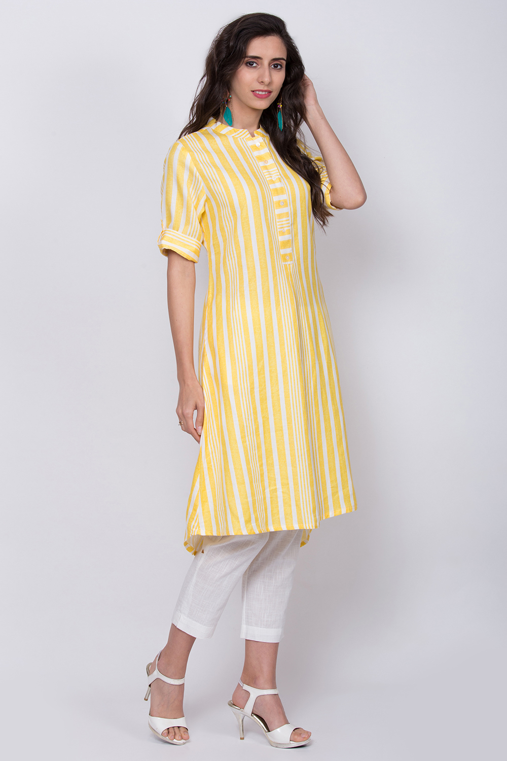 Yellow Striped Linen Printed Kurta image number 3