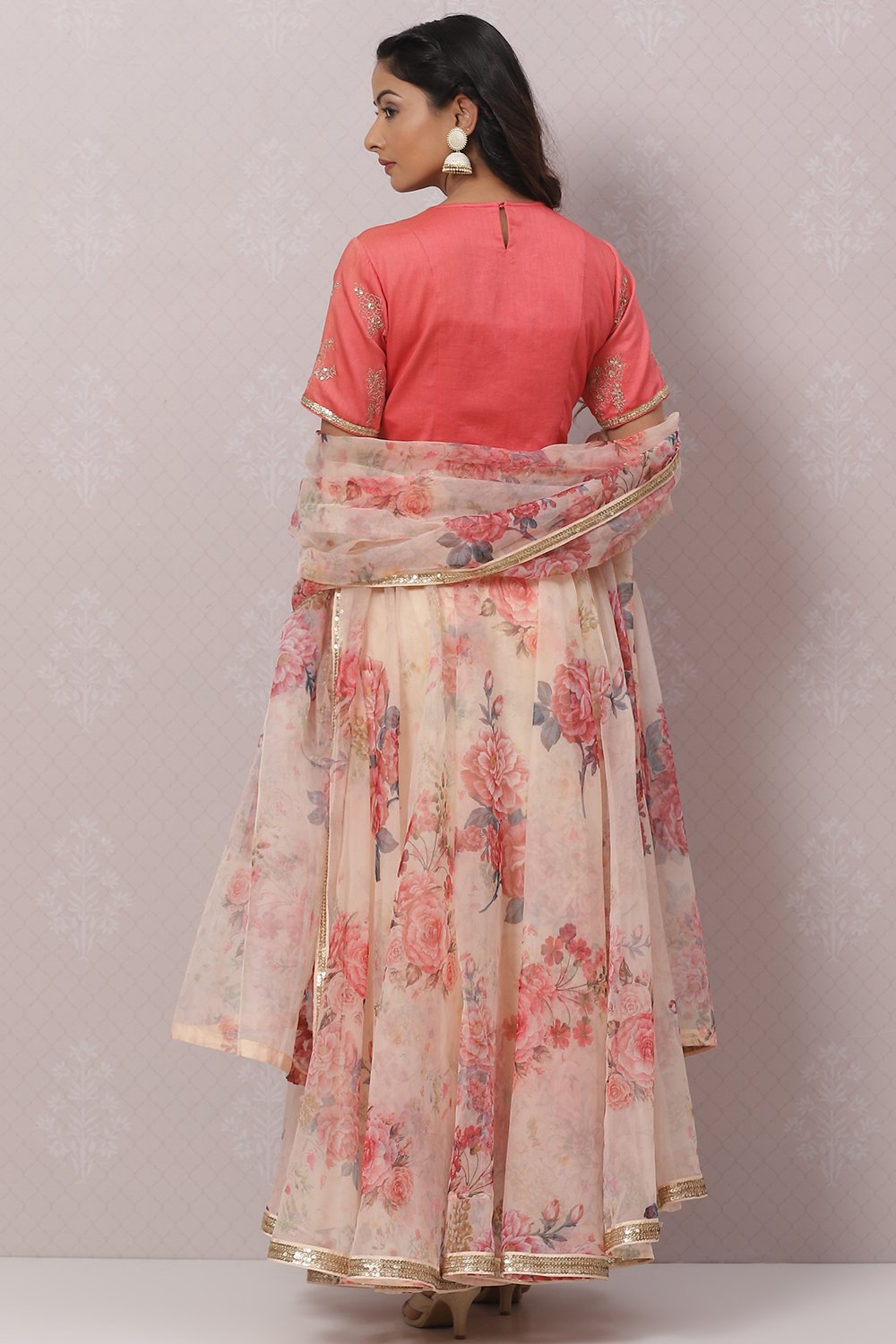 Coral Cream Poly Cotton Lehenga Set image number 4