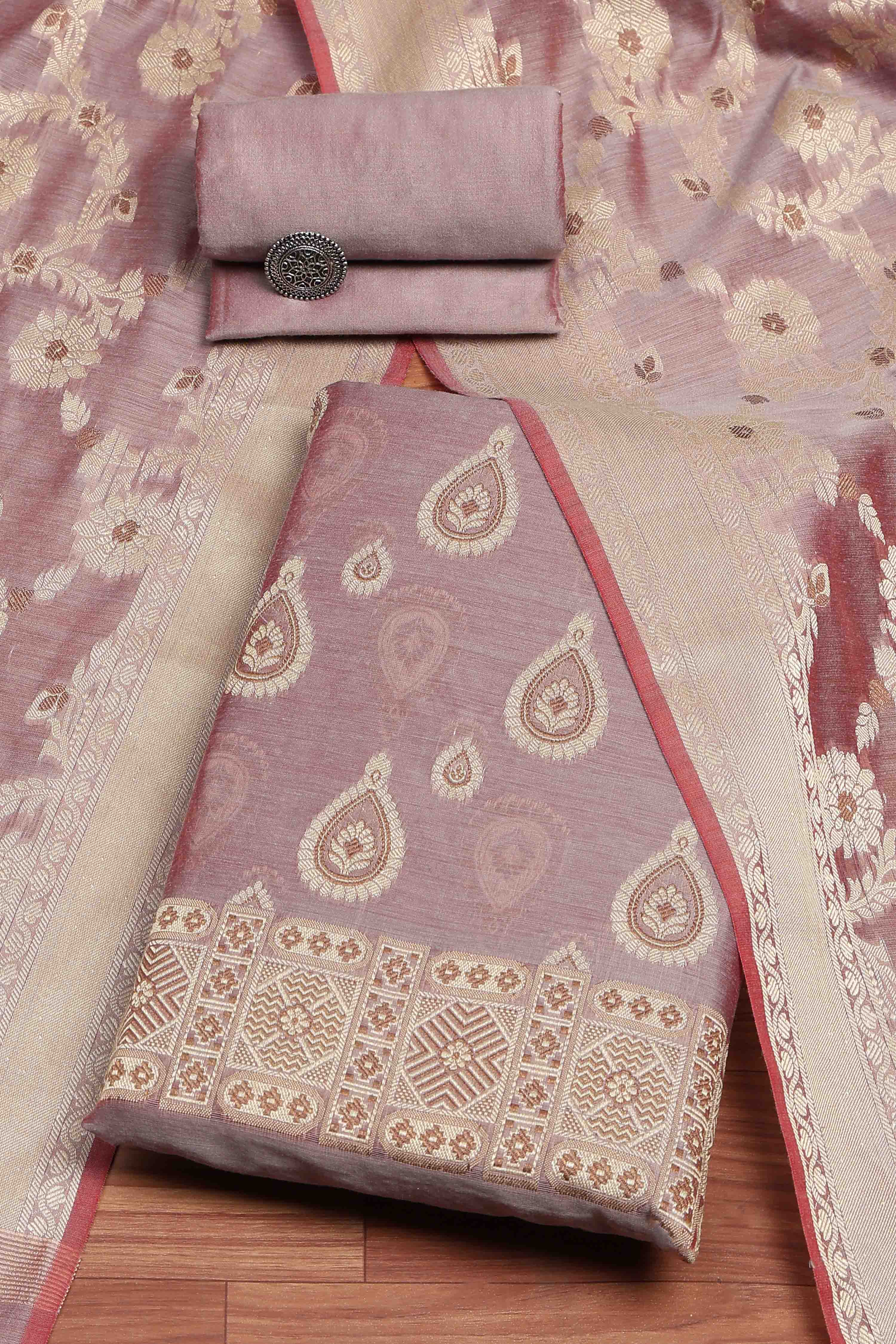 Pink Cotton Printed Embroidered Unstitched Suit Set image number 0