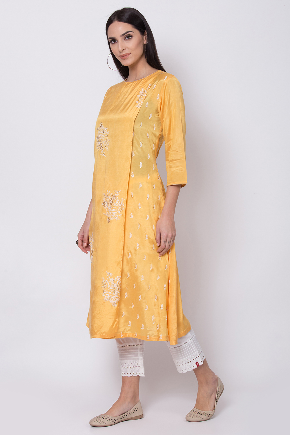 Yellow Viscose A-Line Printed Kurta image number 2