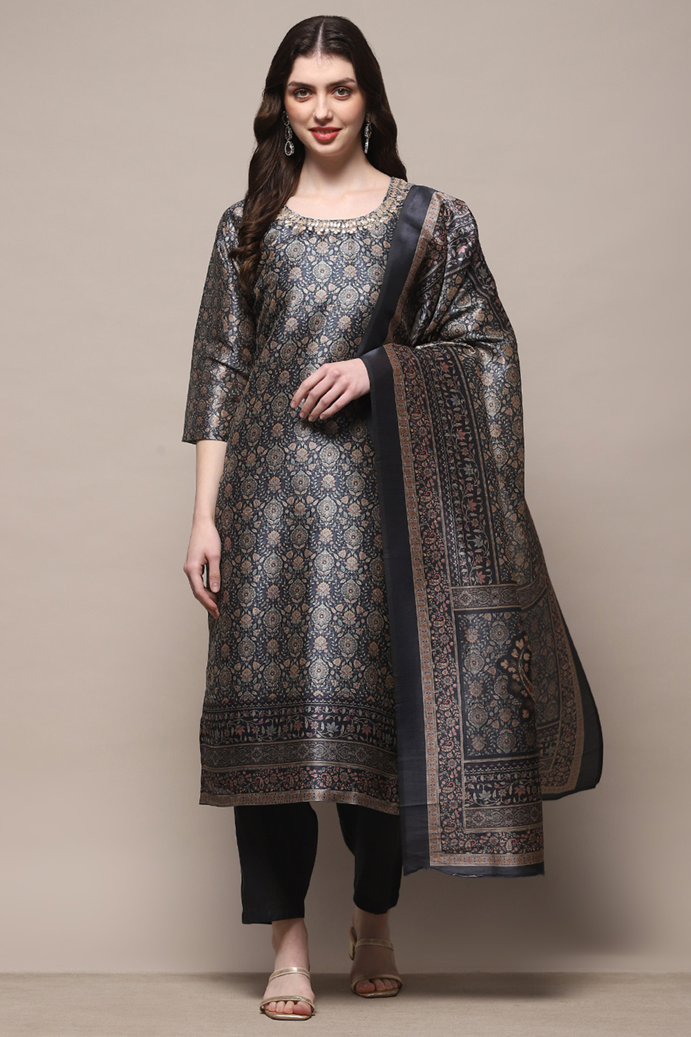 Grey Silk Blend Unstitched Suit Set image number 1