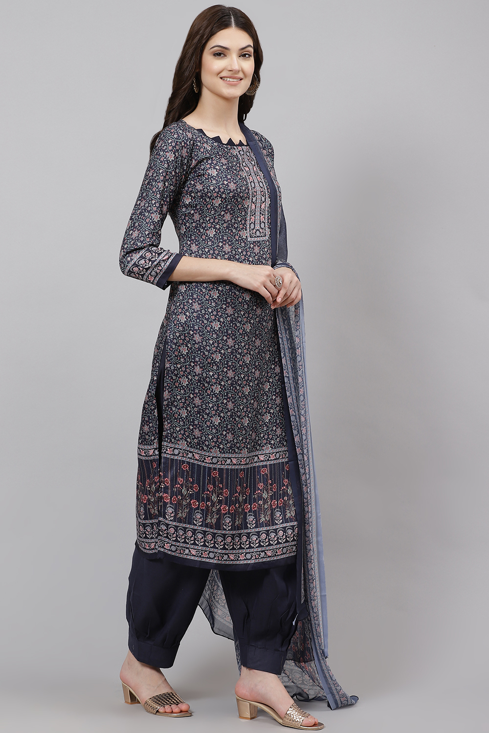 Blue Poly Spun Digital Print Unstitched Suit Set image number 4