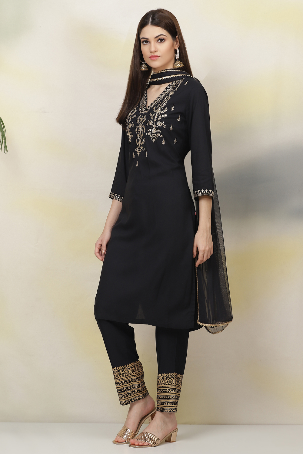 Black Rayon Straight Kurta Pant Suit Set image number 5