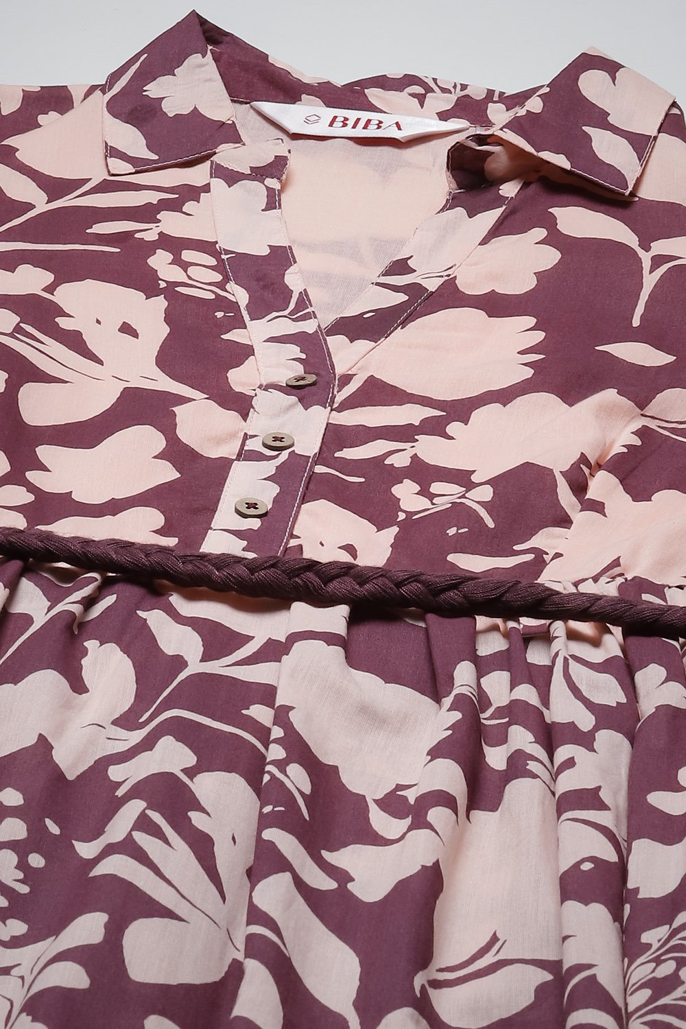 Beige Cotton Tiered Printed Dress image number 5