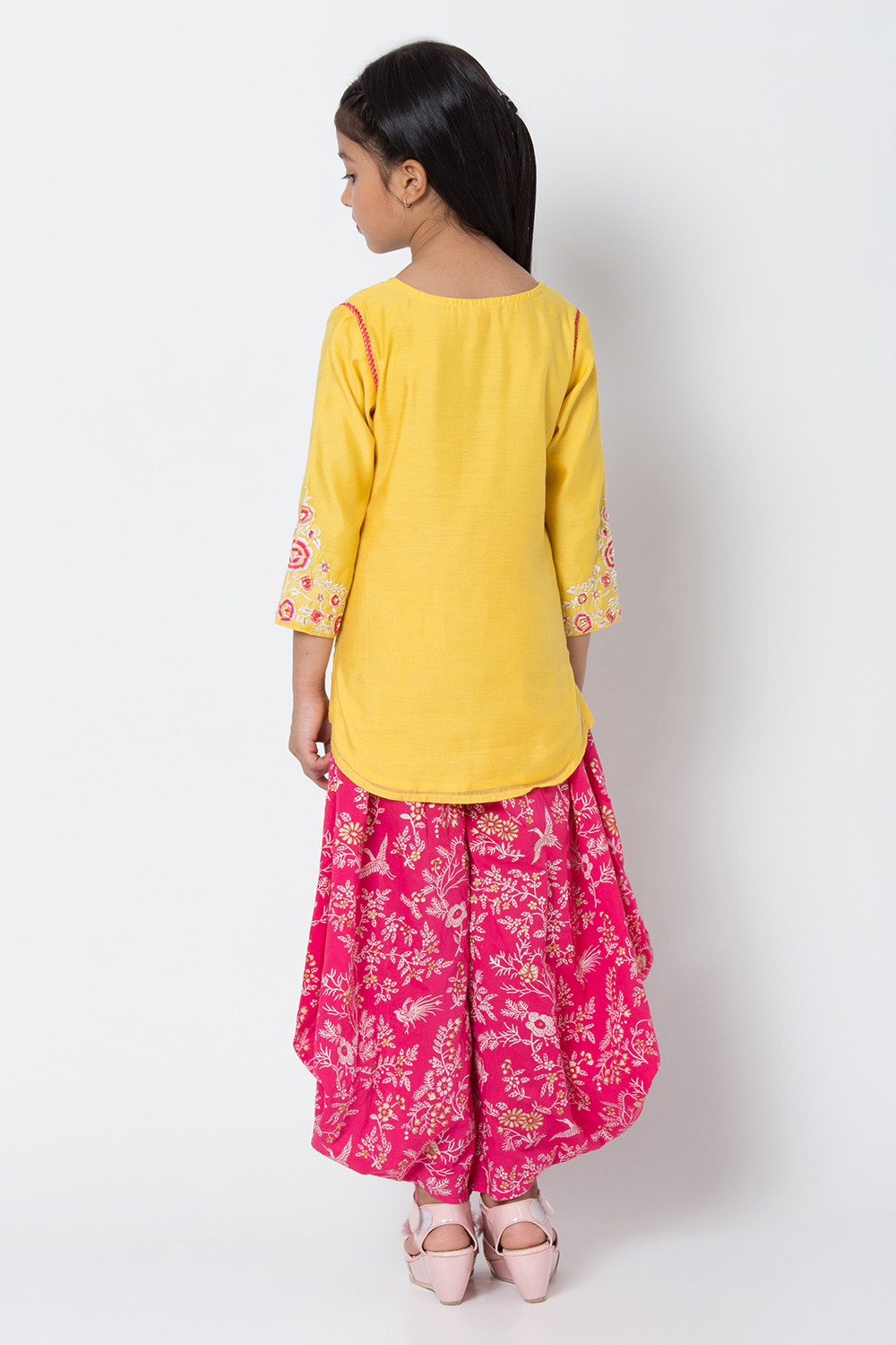 Yellow & Pink Art Silk Straight Kurta Dhoti Pant Suit Set image number 4