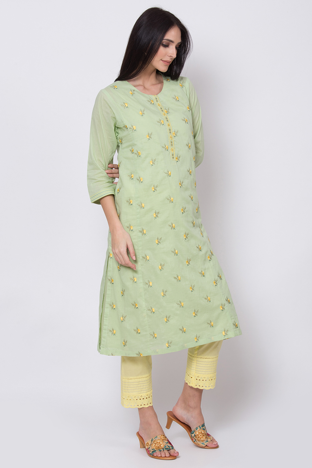 Sap Green Cotton Straight Kurta image number 4