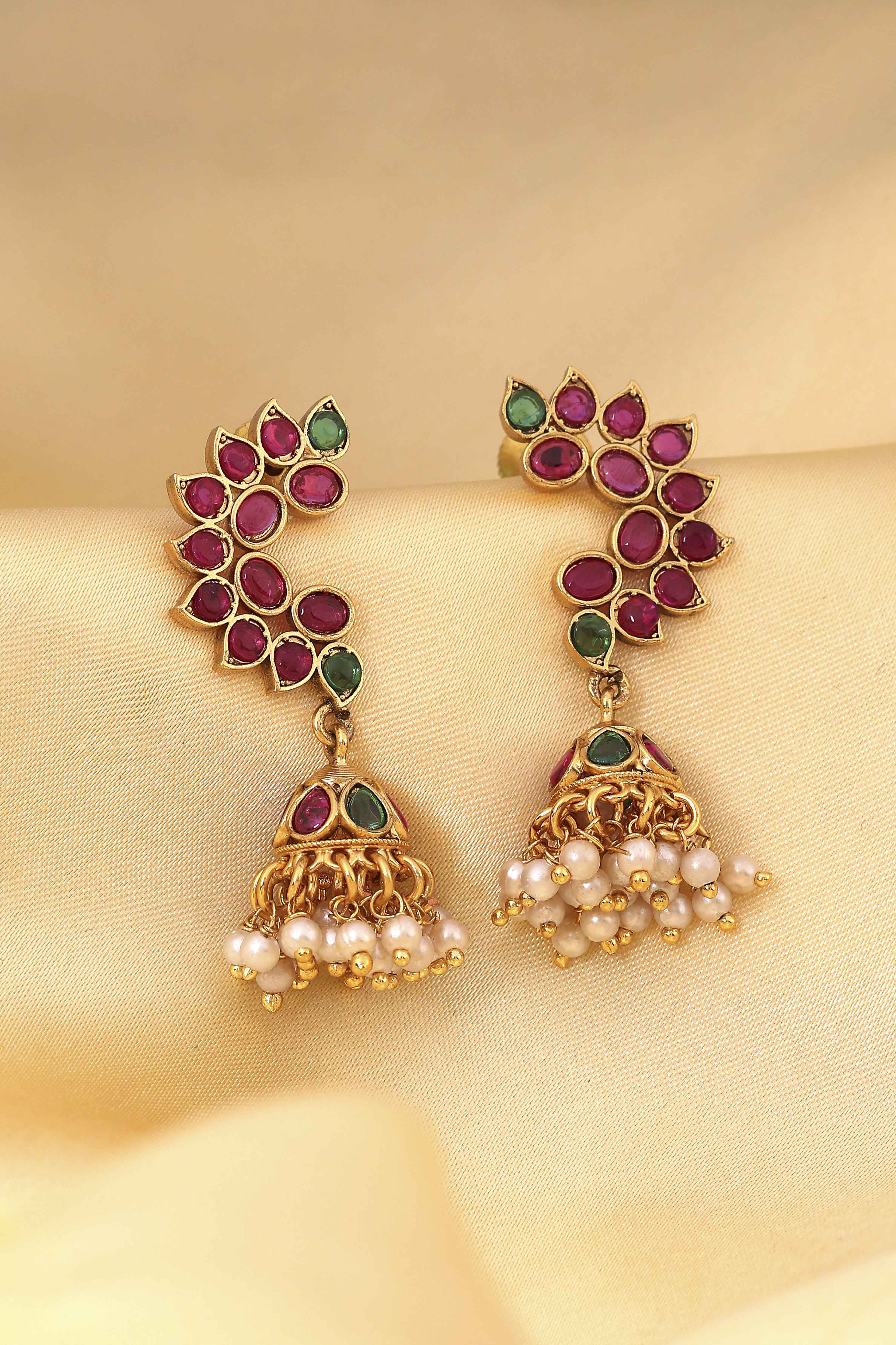 Pink Gold Plated Brass Studded Jhumkas image number 0