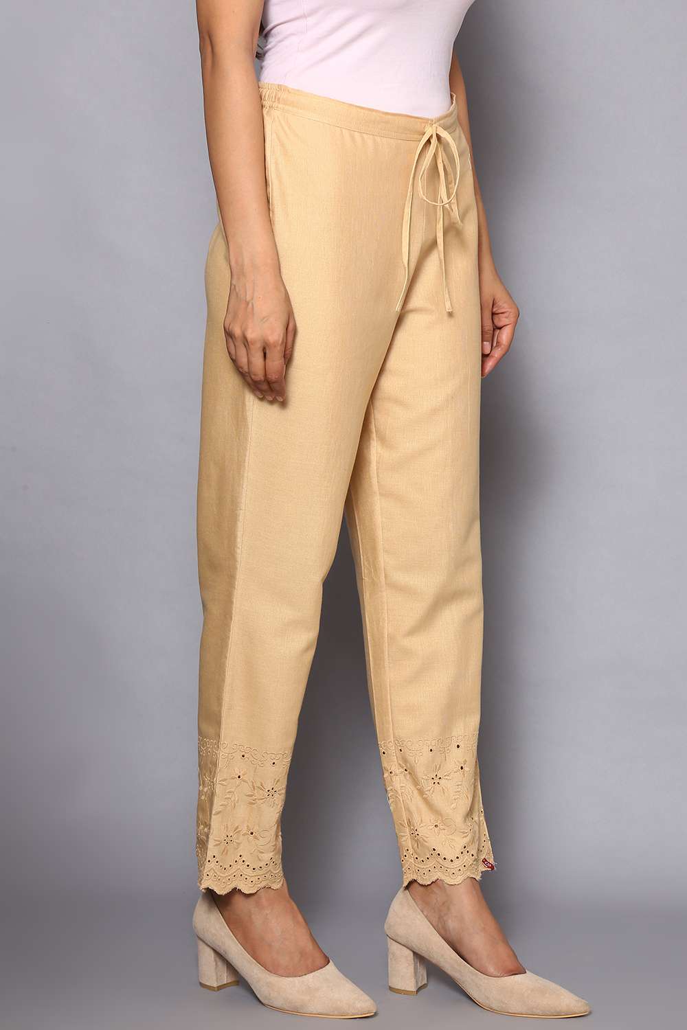 Beige Cotton Flax Regular Pants image number 3