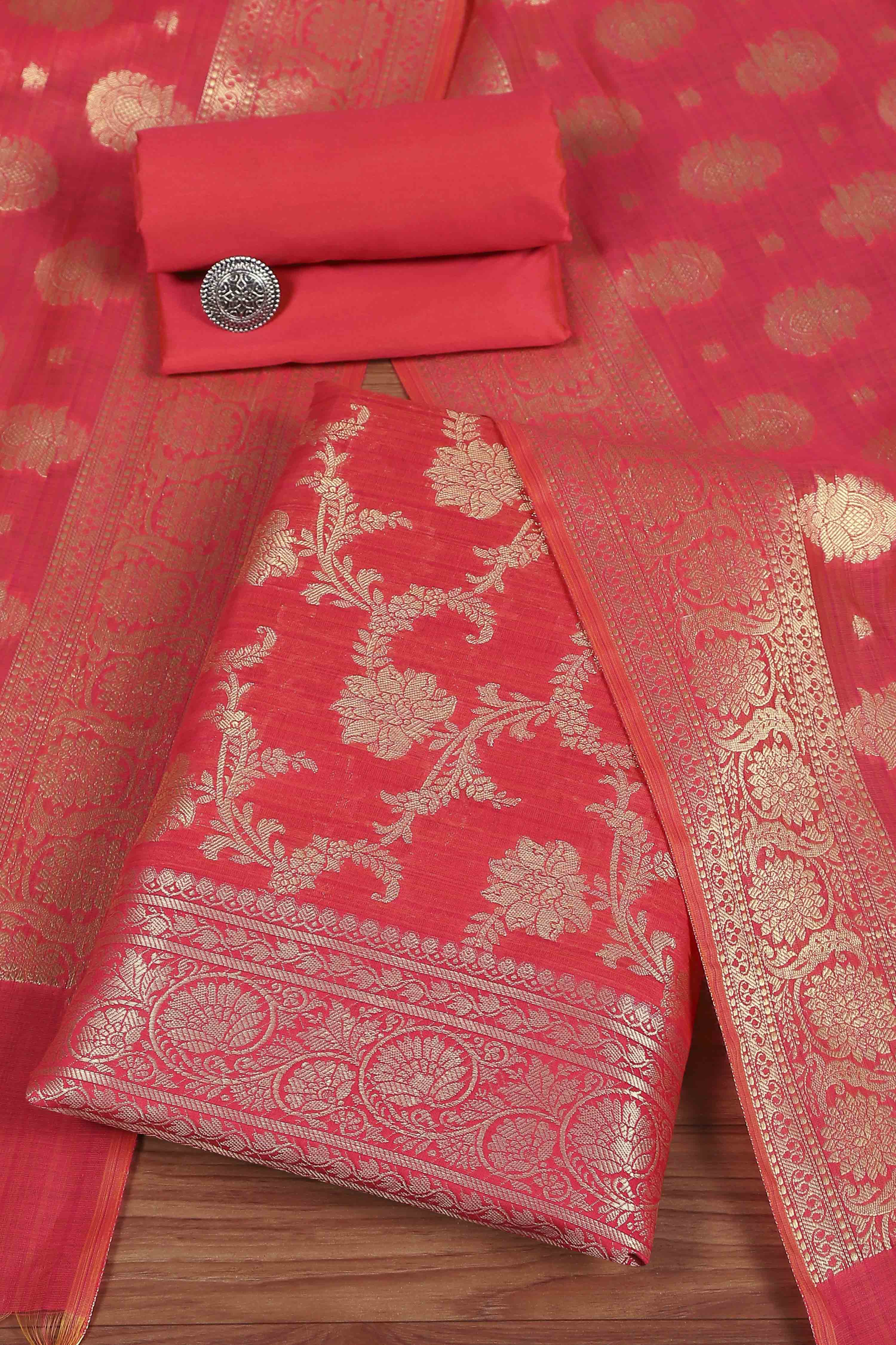 Orange Cotton Printed Embroidered Unstitched Suit Set image number 0