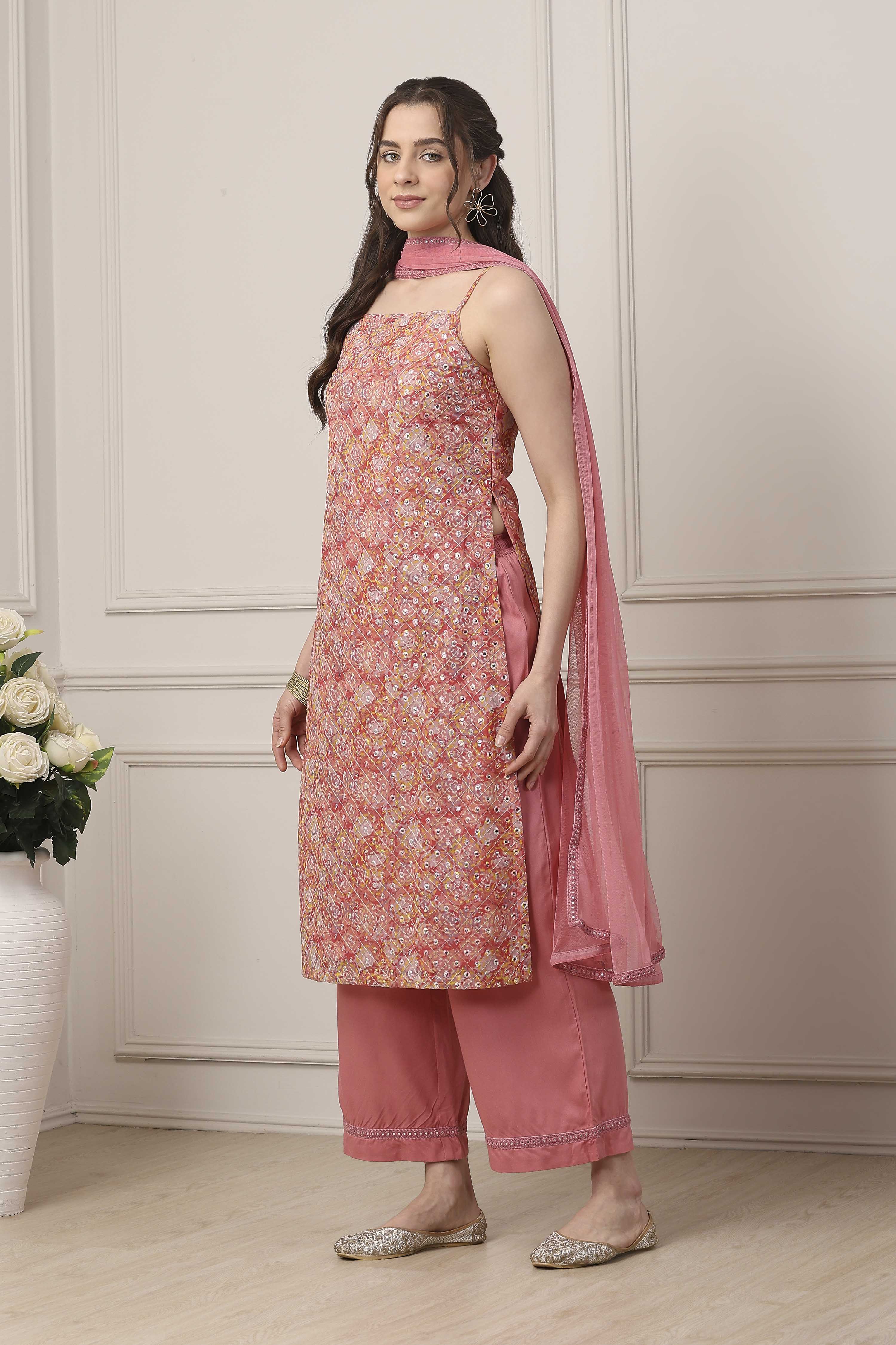 Peach Poly Georgette Floral Thread Work Straight Suit Set image number 3
