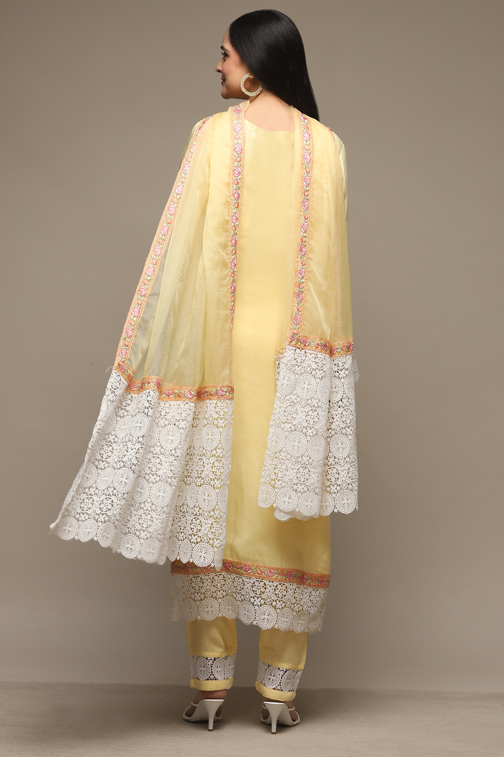 Pastel Yellow Muslin Lace Unstitched Suit Set image number 6