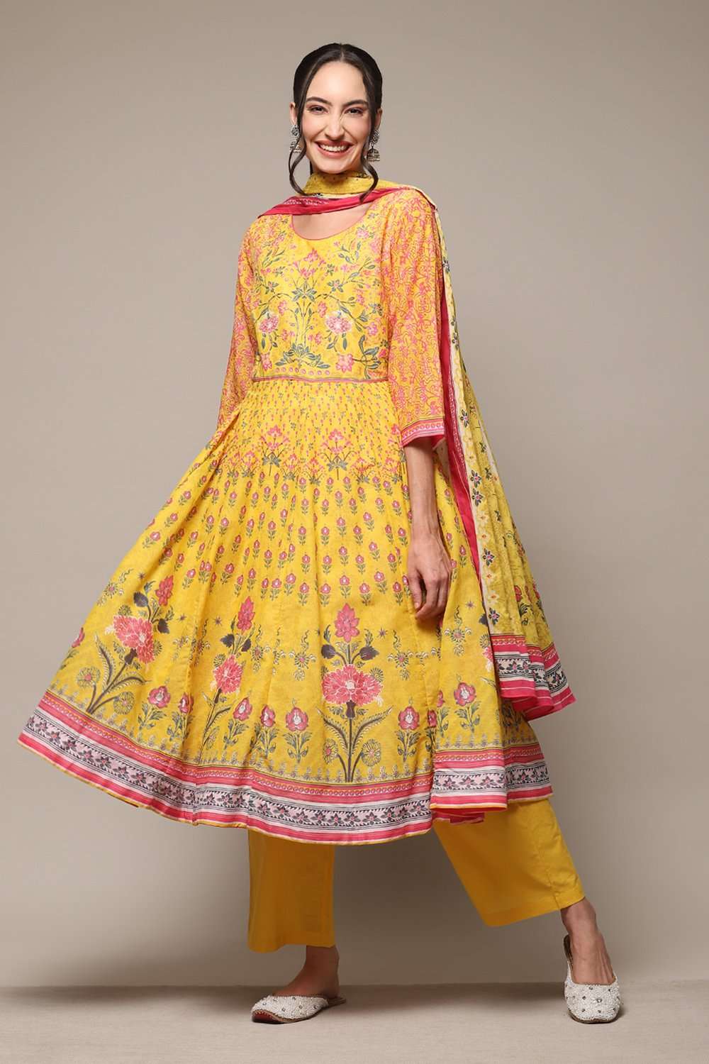 Yellow Cotton Anarkali Kurta Palazzo Suit Set image number 0