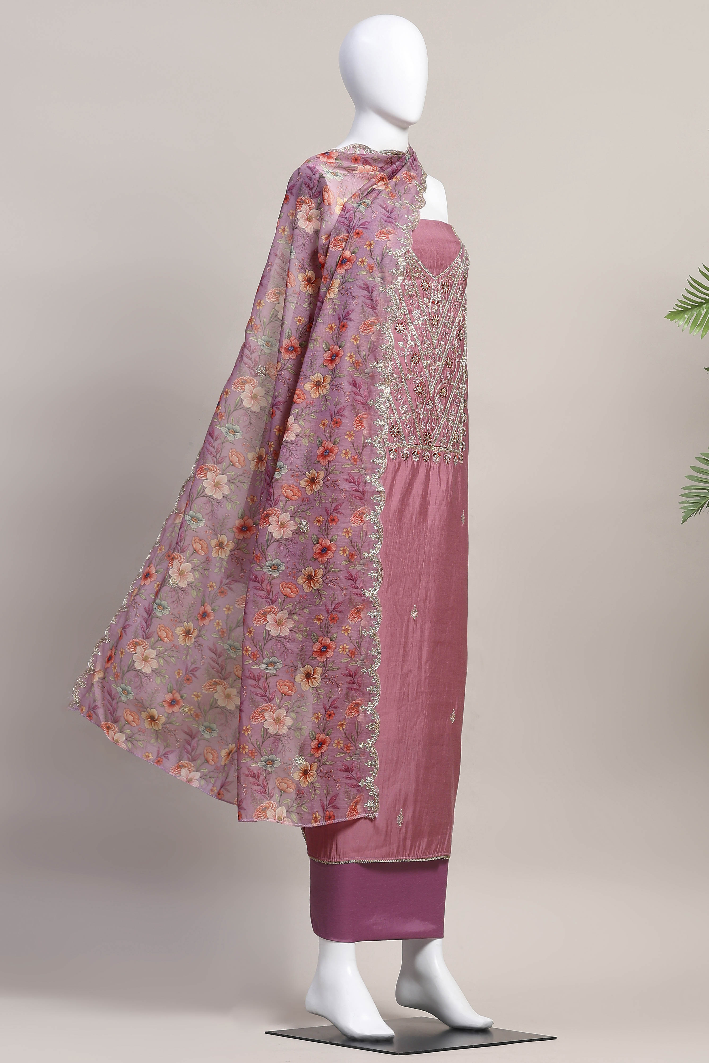 Teal Chanderi Unstitched Suit Set image number 4