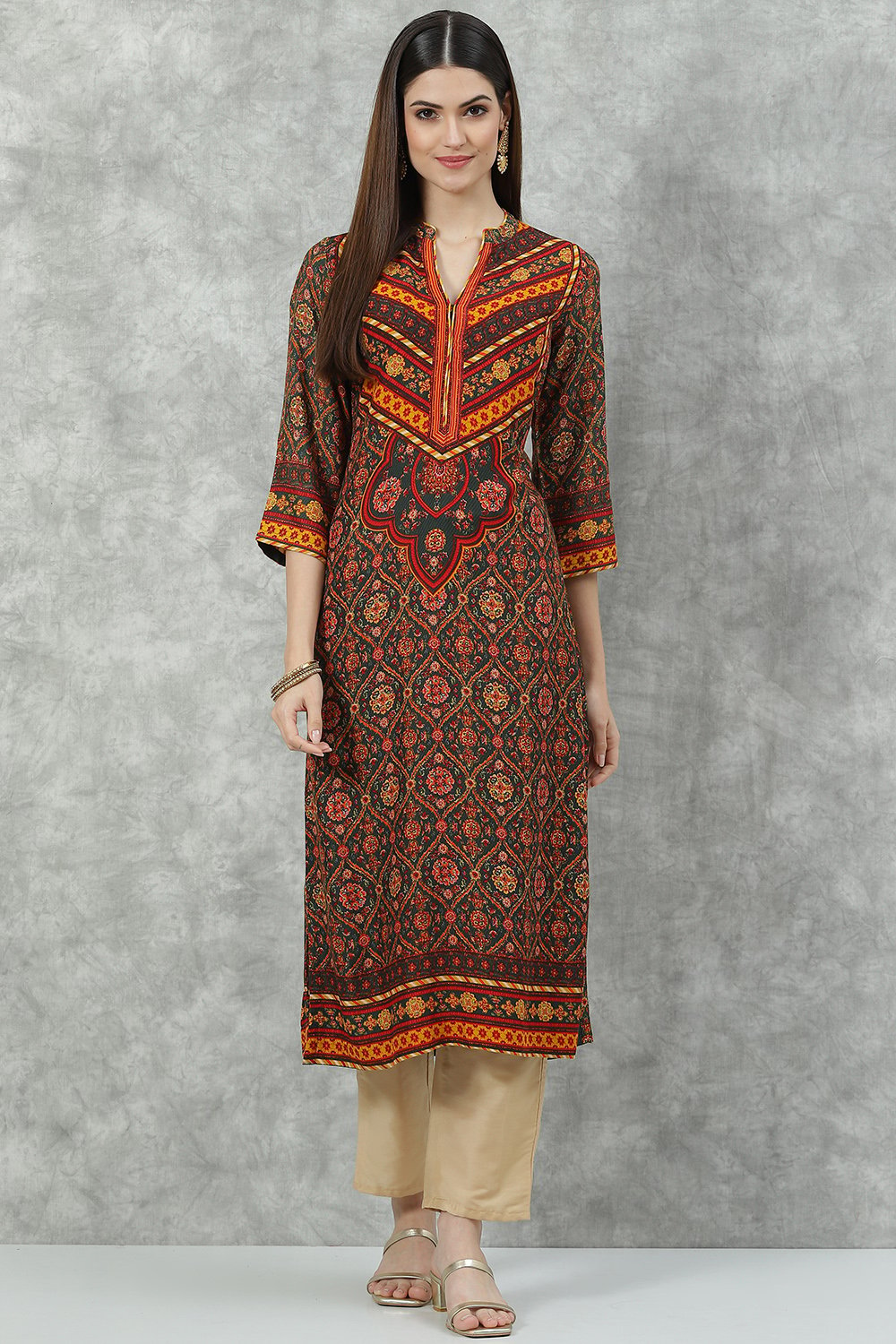 Rust Bottle Green Rayon Straight Printed Kurta image number 0