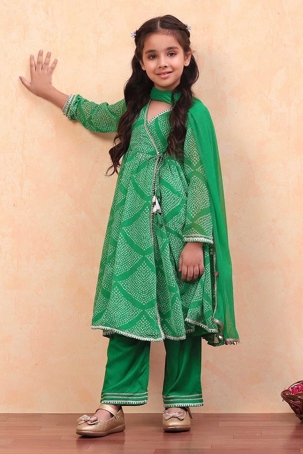 Green Georgette Bandhani Printed Angrakha Suit Set image number 0