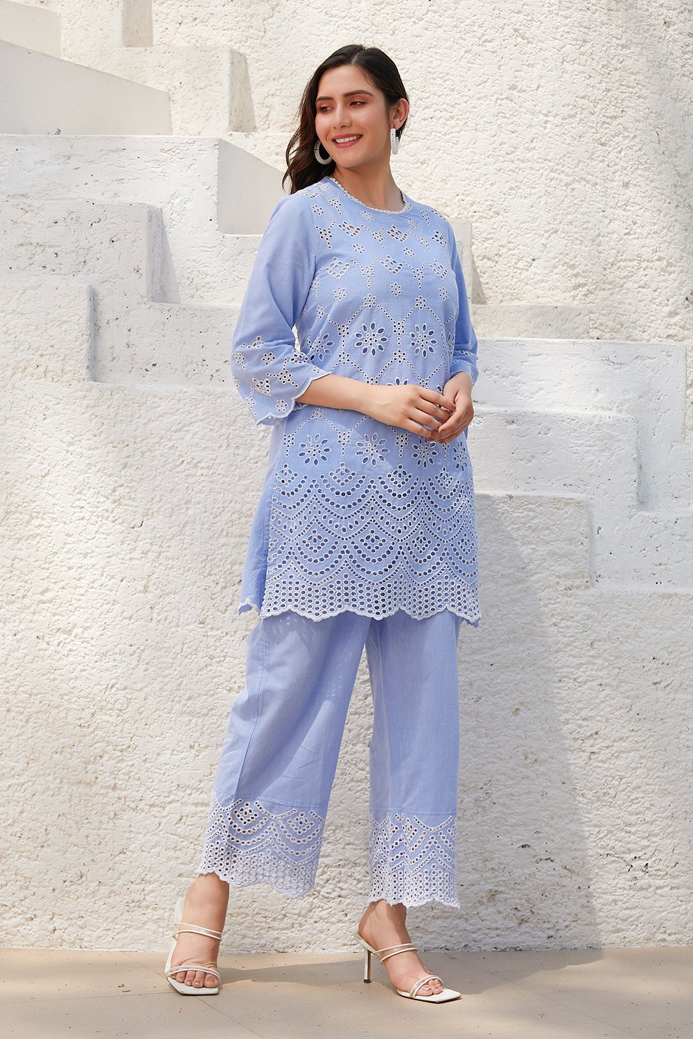 Sky Blue Cotton Straight Suit Set image number 5