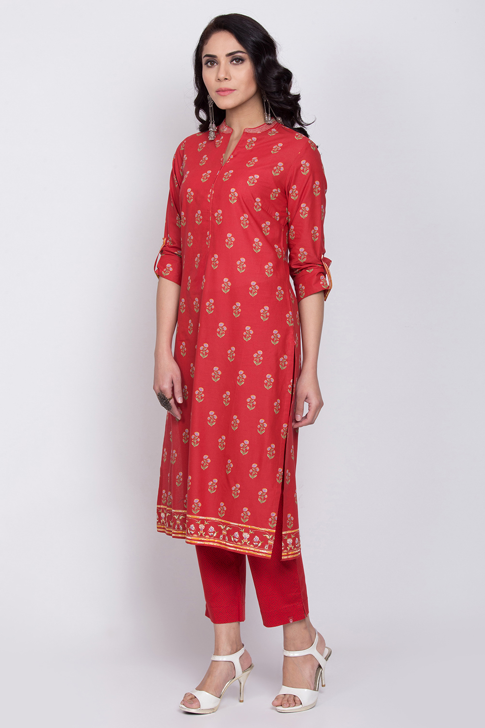 Red Cotton Straight Printed Kurta image number 2