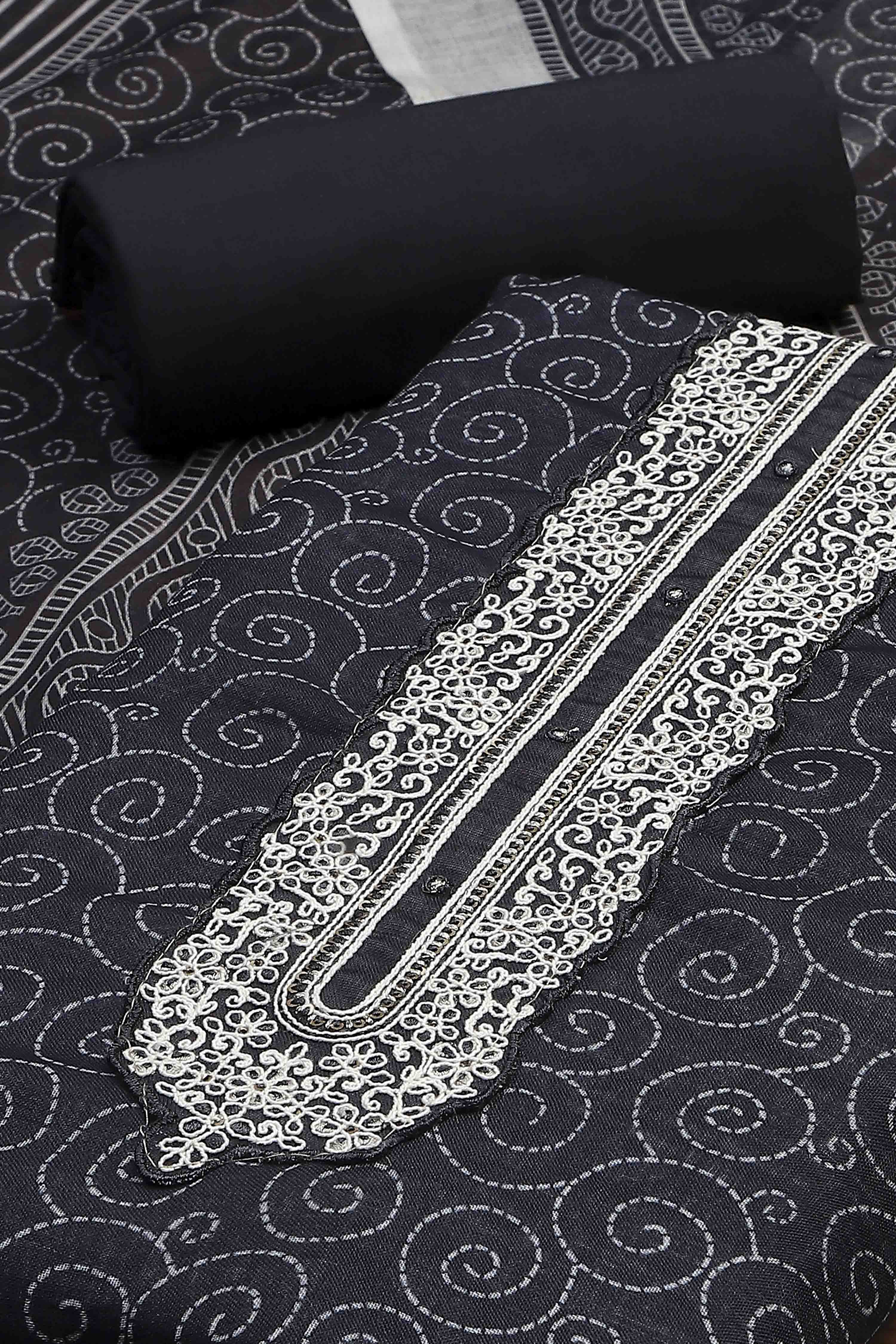 Blue Linen Royal Swirl Jal Print Unstitched Suit Set image number 1