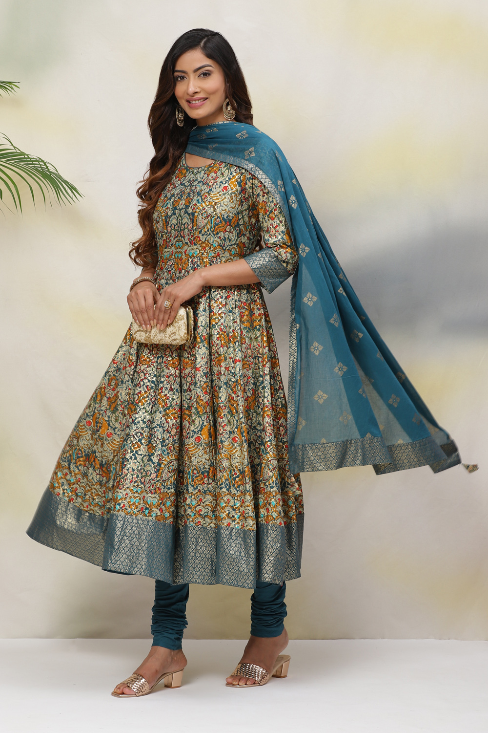 Teal Cotton Anarkali Kurta Churidar Suit Set image number 5